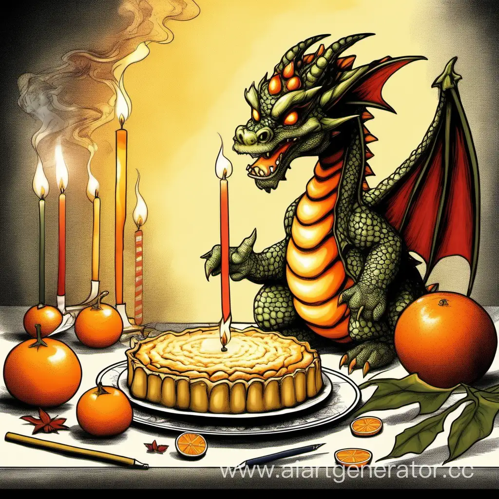 добрый дракон зажигает огнем из пасти свечи на новогоднем столе  рядом с мандаринами и пирогом рисунок