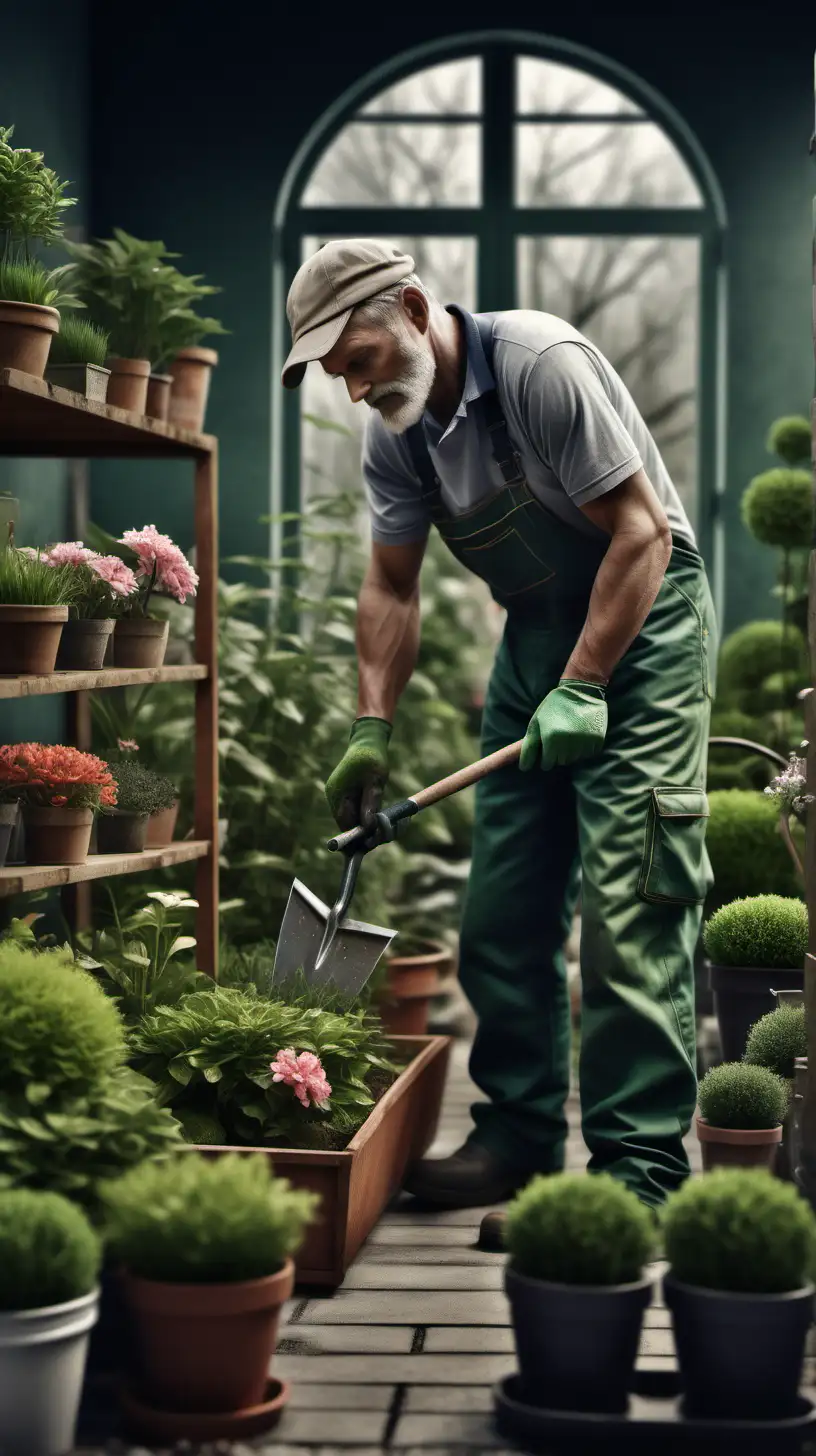 A gardener in his work environment, hyper realistic photography, ultra detailed