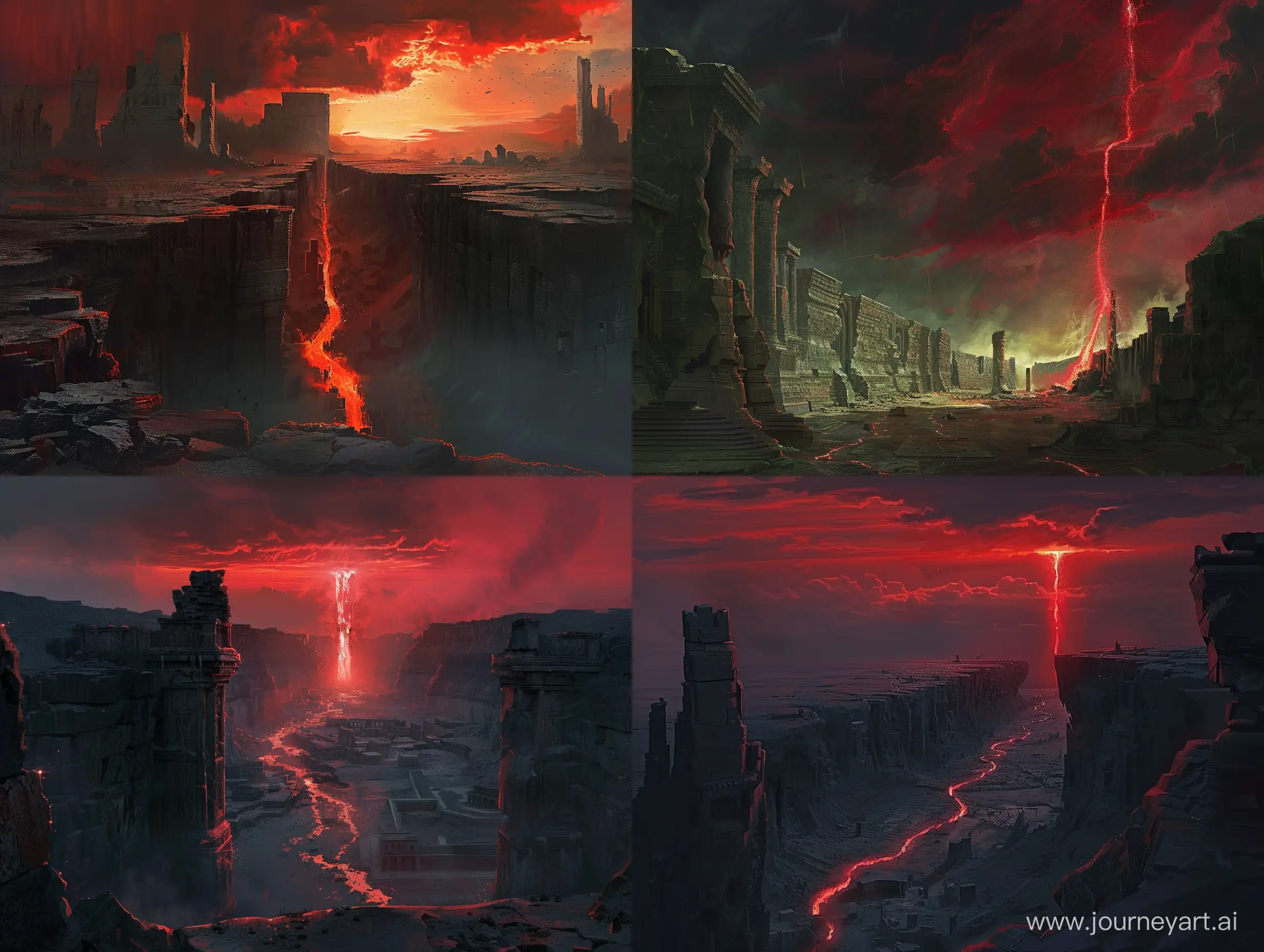 concept art, red uneven rift in the sky, emptiness, ancient city , dark style