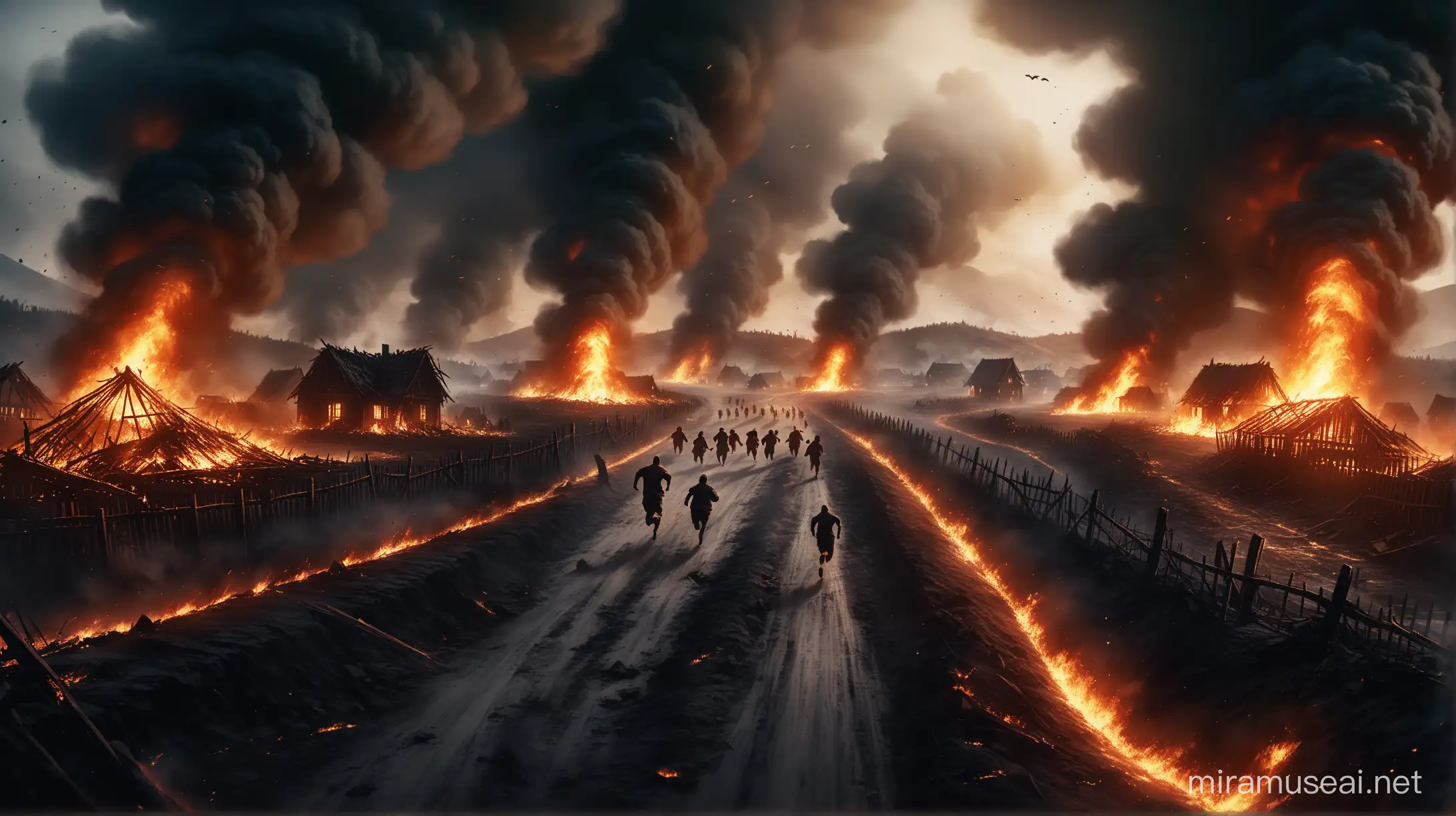8k dramatic scene, a dramatic vivid illustration depicting the destruction of an old village by Nephilims. portray chaos and devastation with houses engulfed in flames, food spilled on the ground, and villagers running in panic. the atmosphere filled with screams and frantic movement. emotions of distress and terror, use dark cinematic colors, Highlight the contrast between the serenity of the village and the sudden onslaught of destruction, landscape view, use dark cinematic colors with villagers running for their lives. close up shot
