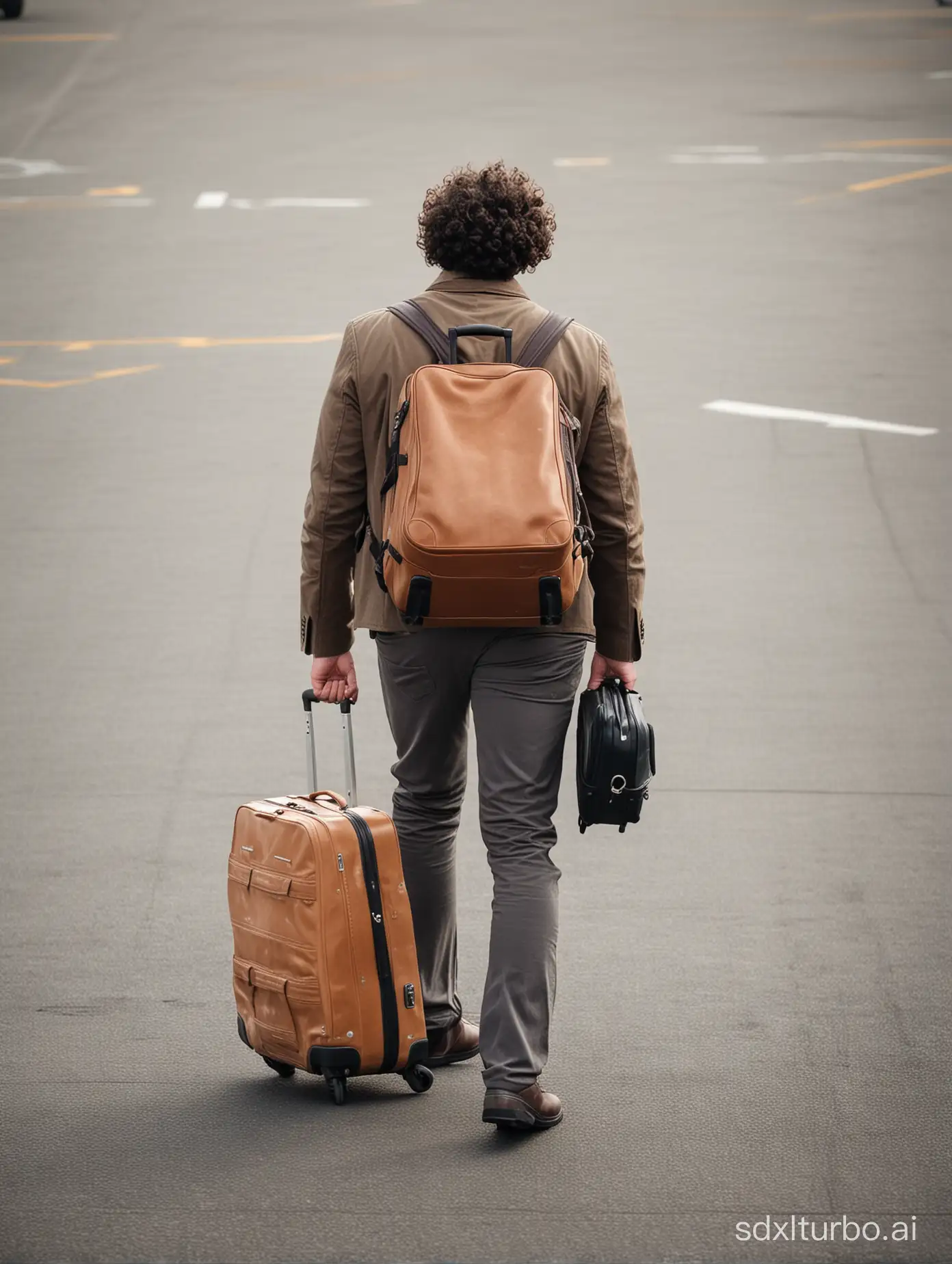 curly man, a bit fat body, dragging 2 suitcases, back view, on the airport