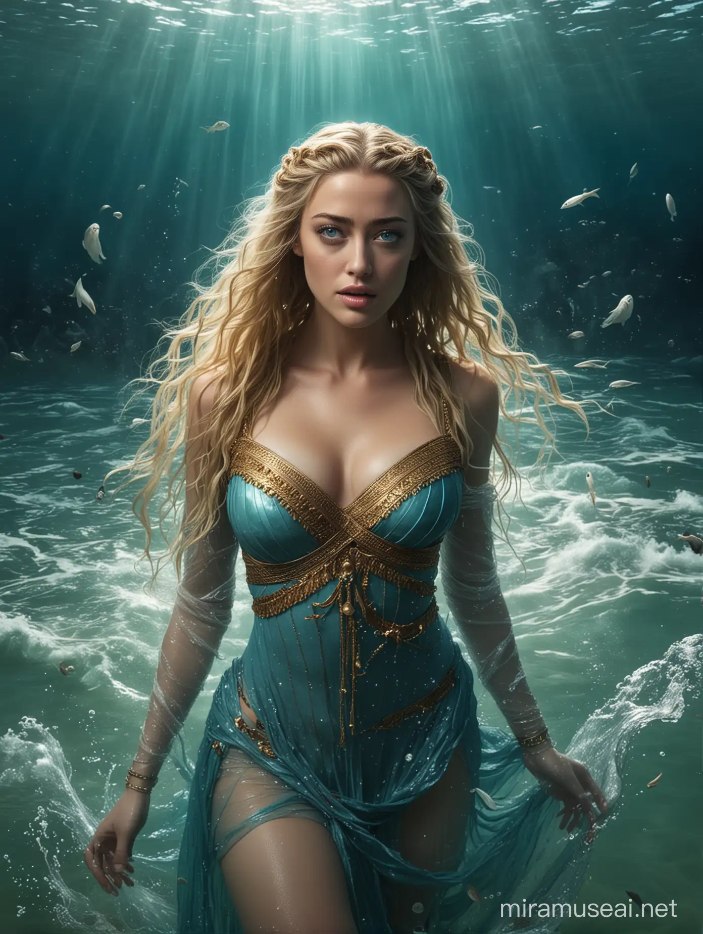 A masterpieced of Amber Heard as Isis, Egyptian goddess of the sea. She is under the sea, and her Greek dress flows ethereally in the water until it mixes with the water until it disappears. She has has blue eyes and blonde hair. 