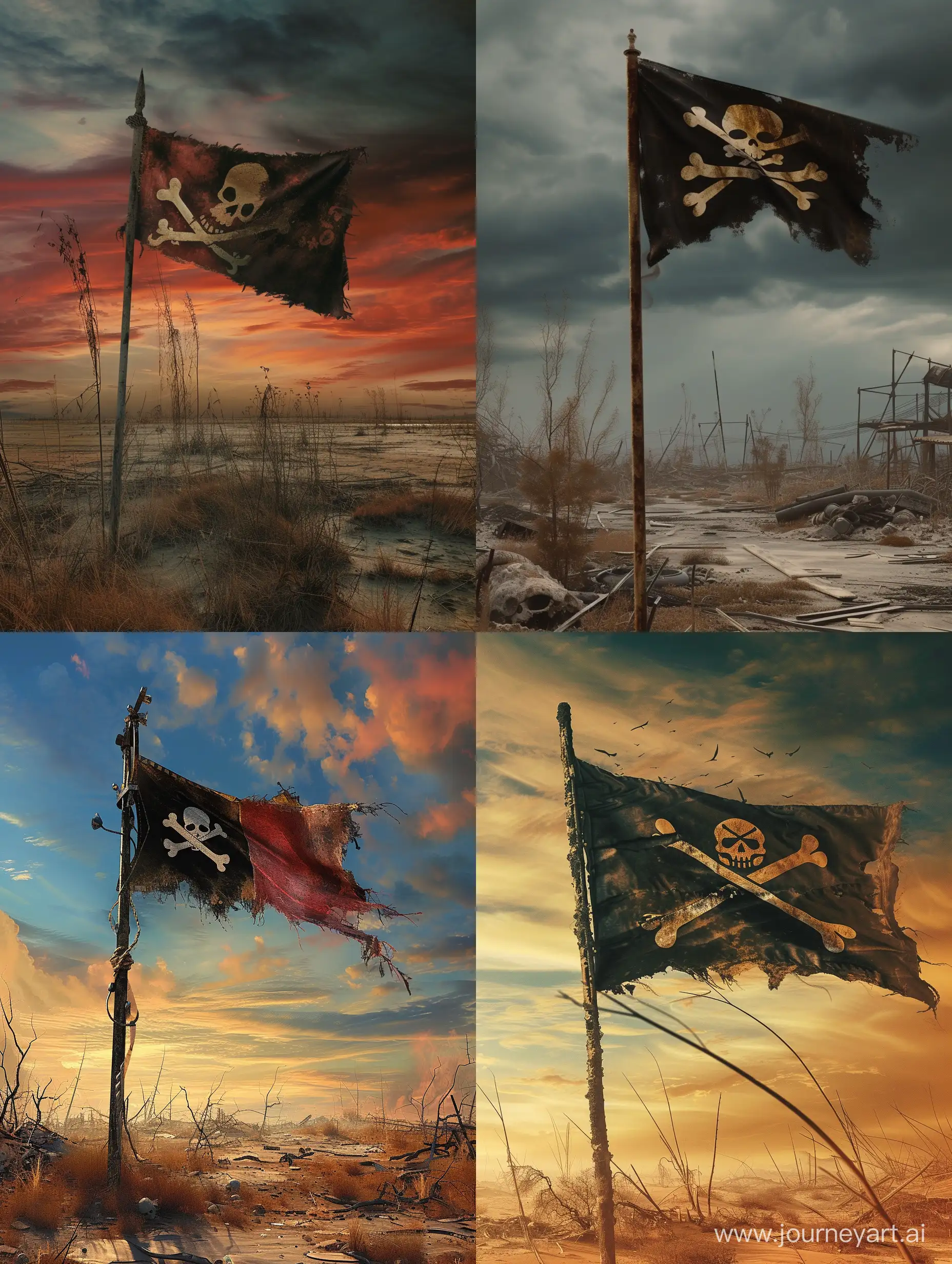 un drapeau pirate usé qui flotte dans un ciel post apocalyptique