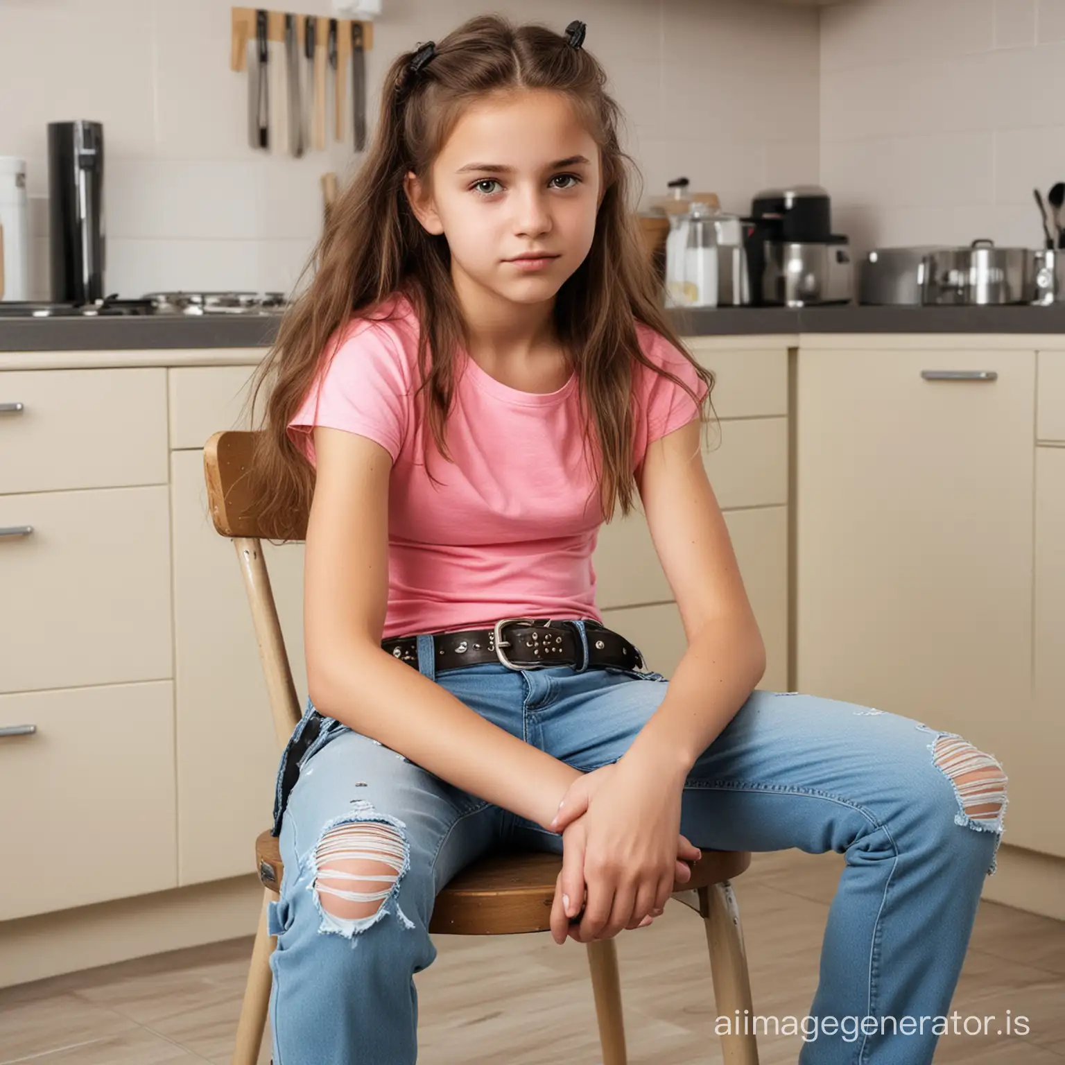 real photo of a girl, 13 years old, sitting on a chair, ripped tight jeans with belt, stern face, kitchen