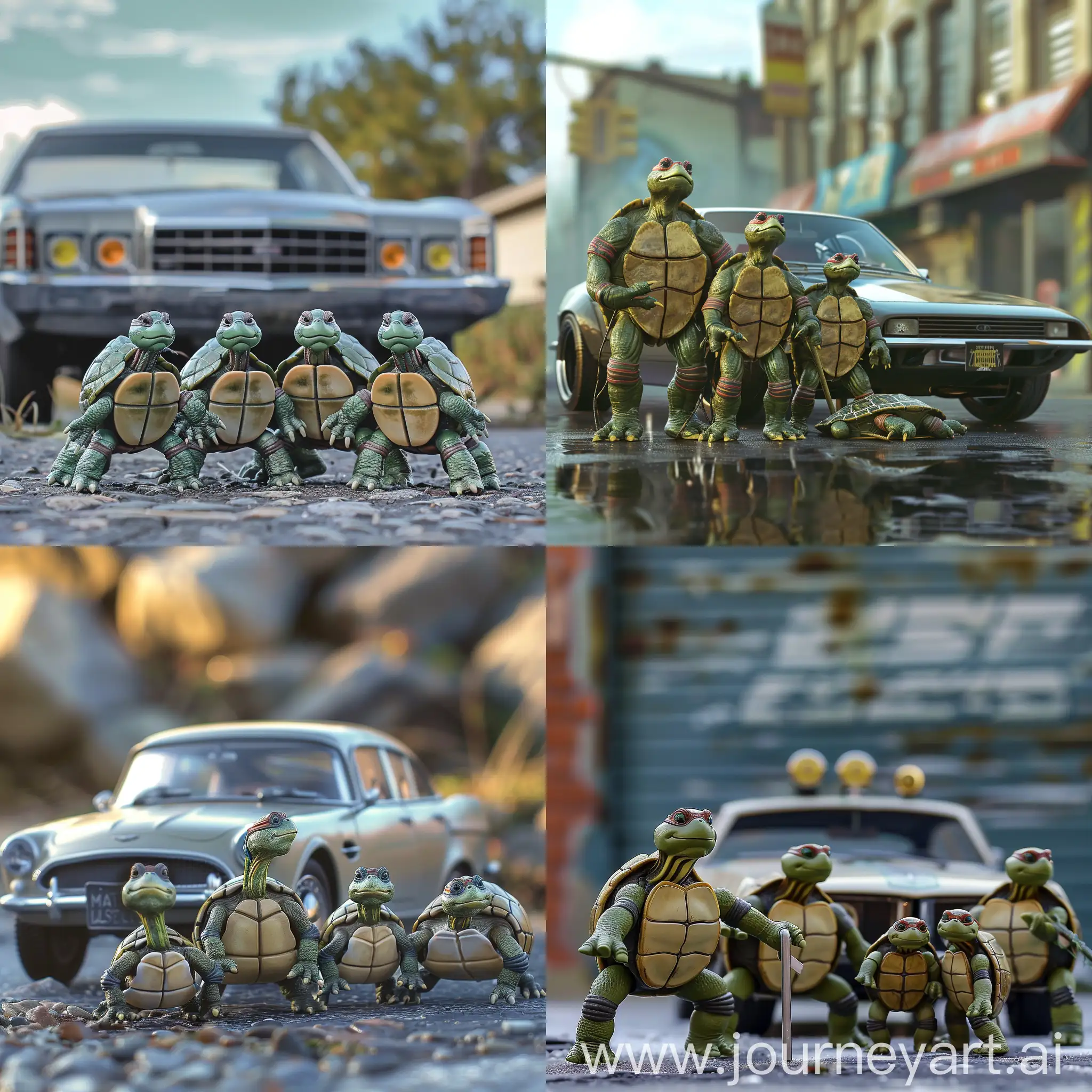 Five-Stylish-Turtles-Posing-with-a-Sleek-Car