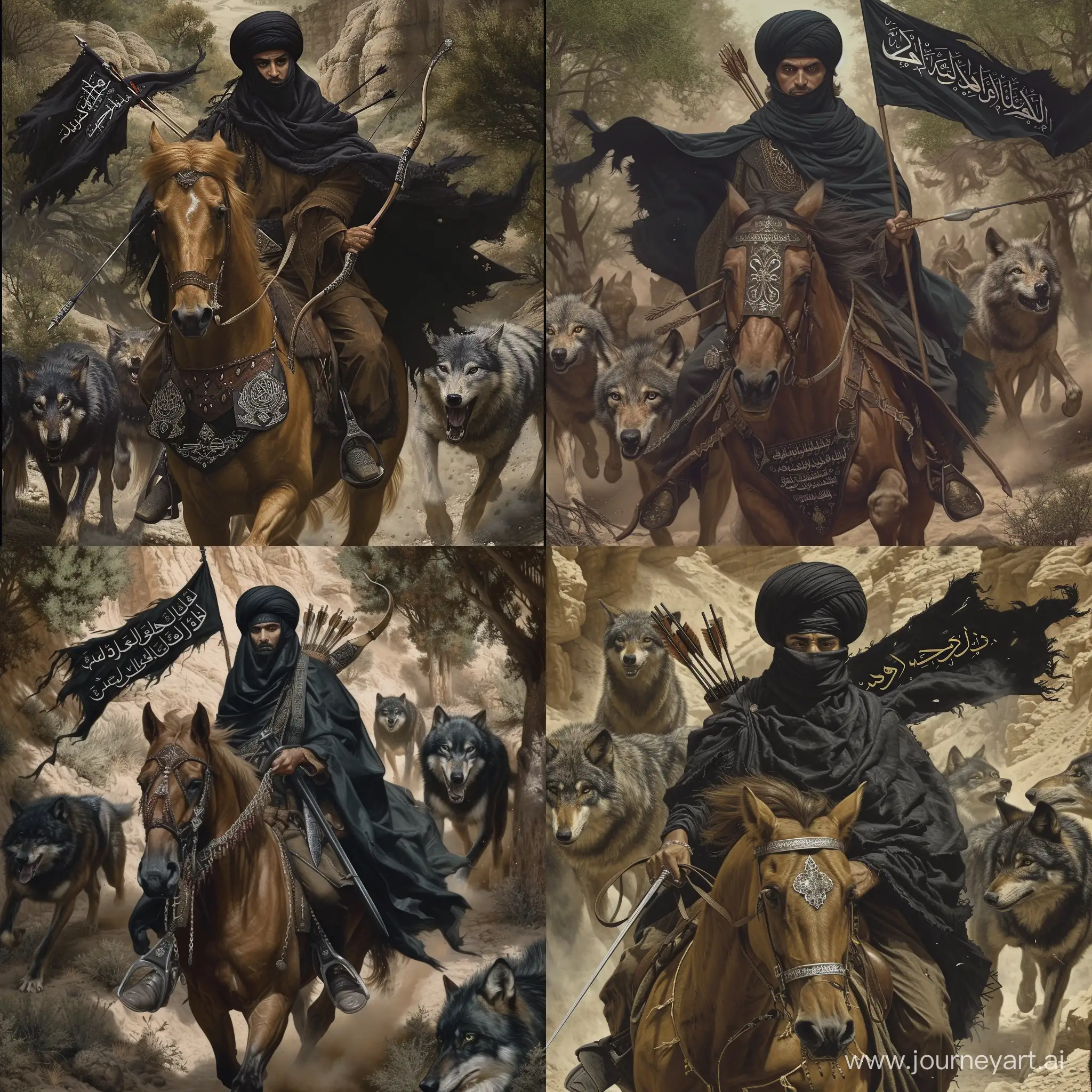 Yemeni-Knight-on-Horseback-with-Islamic-Banner-Amid-Majestic-Wolves