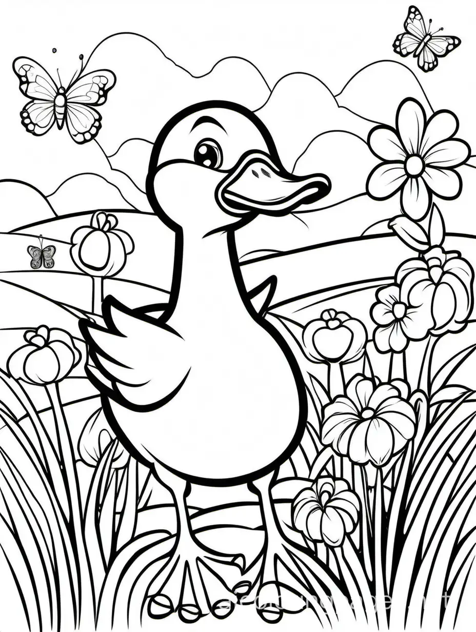Mother-Duck-and-Ducklings-Crossing-Meadow-Coloring-Page-with-Flowers-and-Butterflies