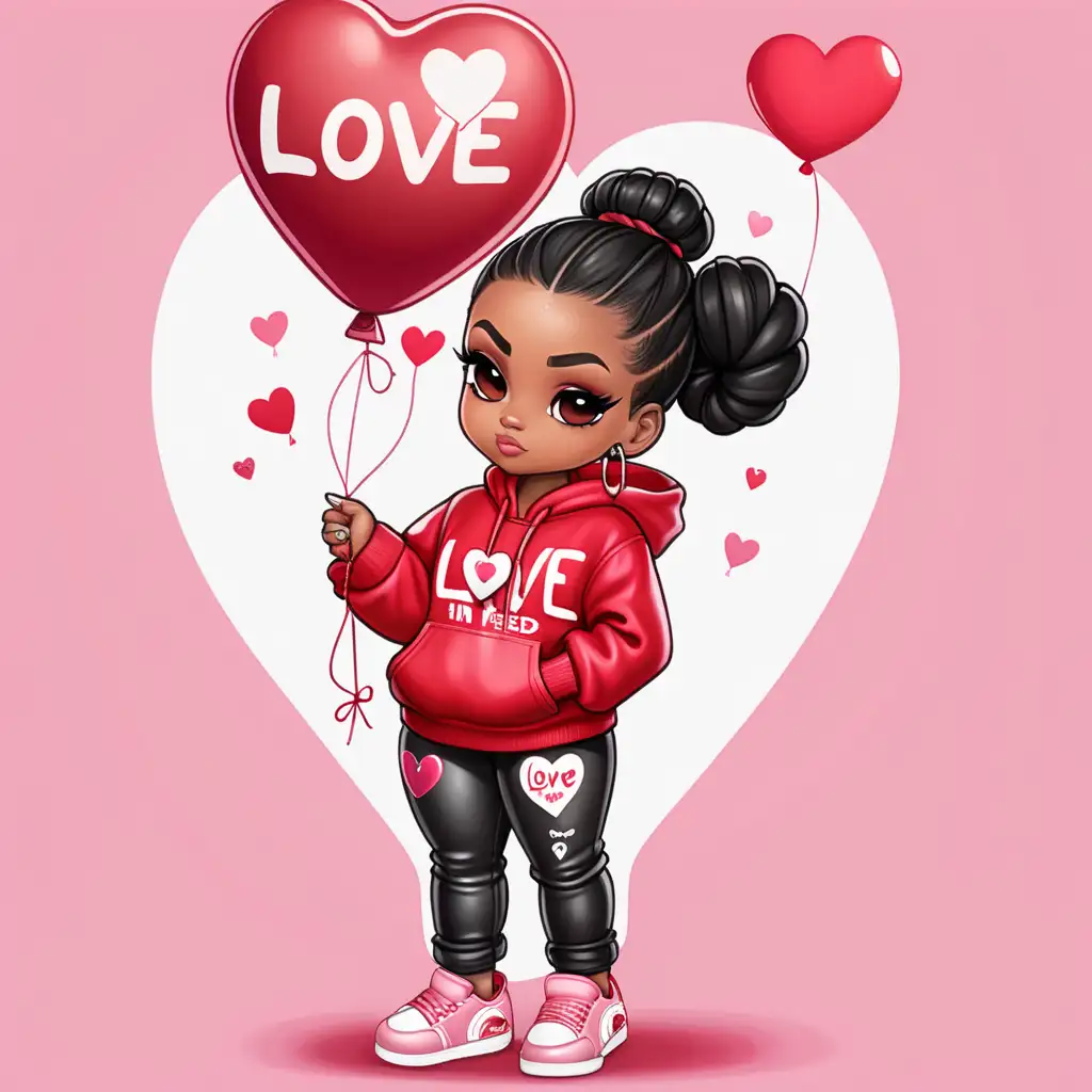 black beautiful glamorous curvy chibi style woman, her hair is in a black hair bun hairstyle, they is wearing a red hoodie that says love in white letters, wearing red leather pants, wearing red and white sneakers, Pink Background with pink and red balloon hearts
fully dressed, standing, 