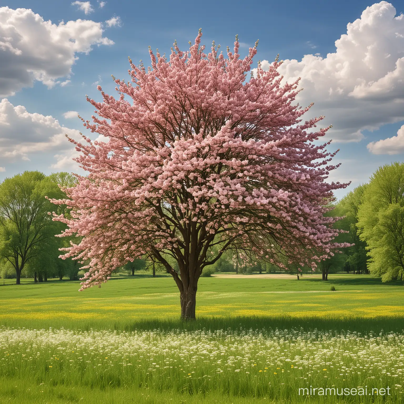 Tranquil Nature Scene Blossoming Tree Amidst Verdant Landscape