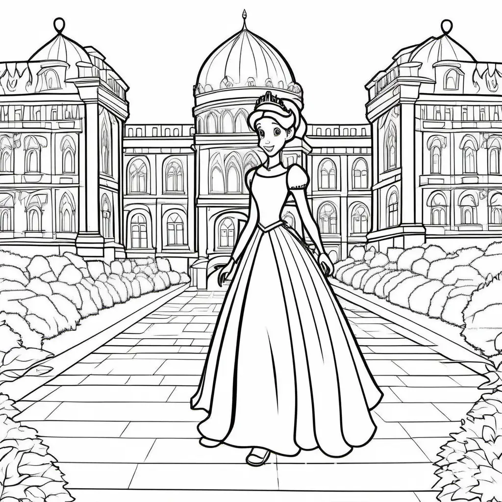 Princess-and-Prince-Walking-in-Palace-Grounds-Coloring-Page