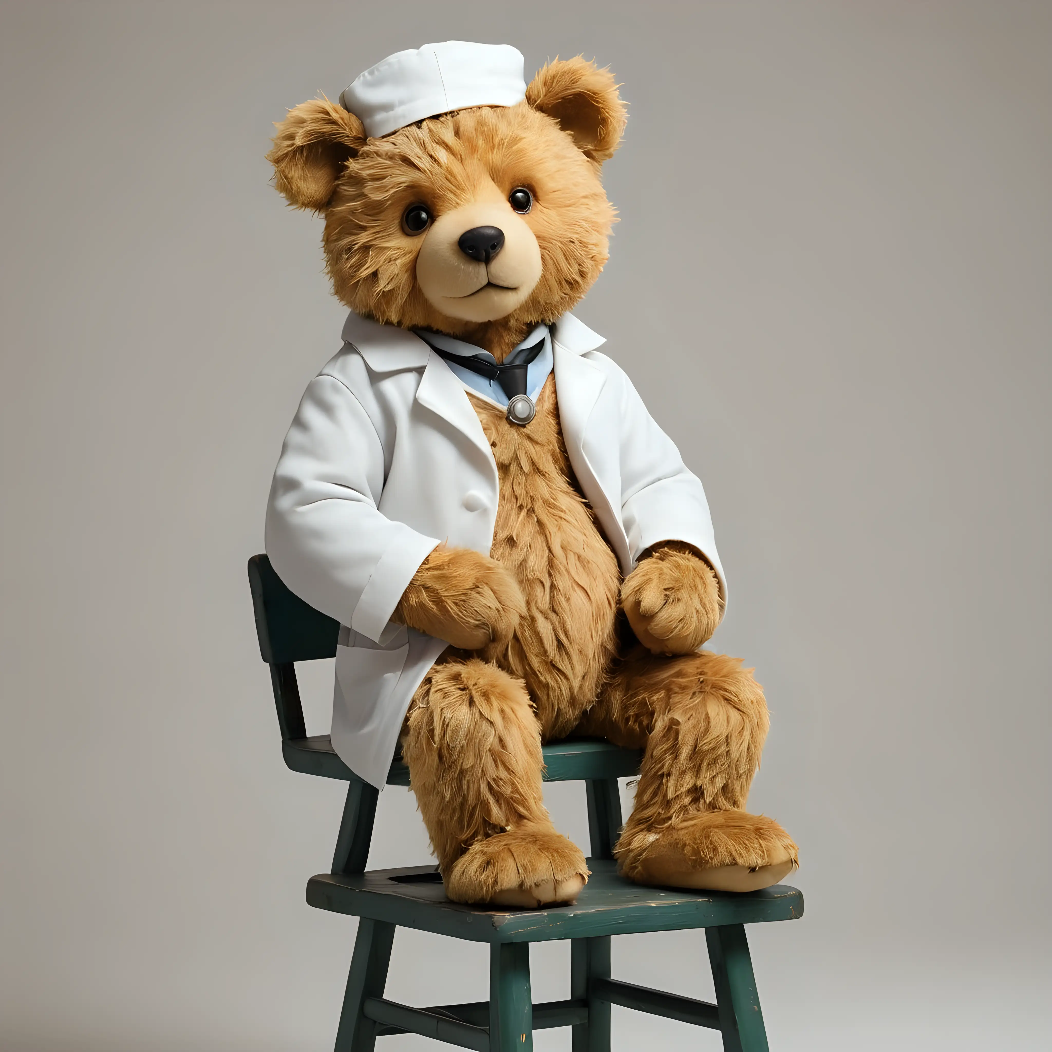 Battered old vintage Teddy Bear, sitting on a stool, dressed as a doctor with white coat and stethoscope around his neck, blank background
