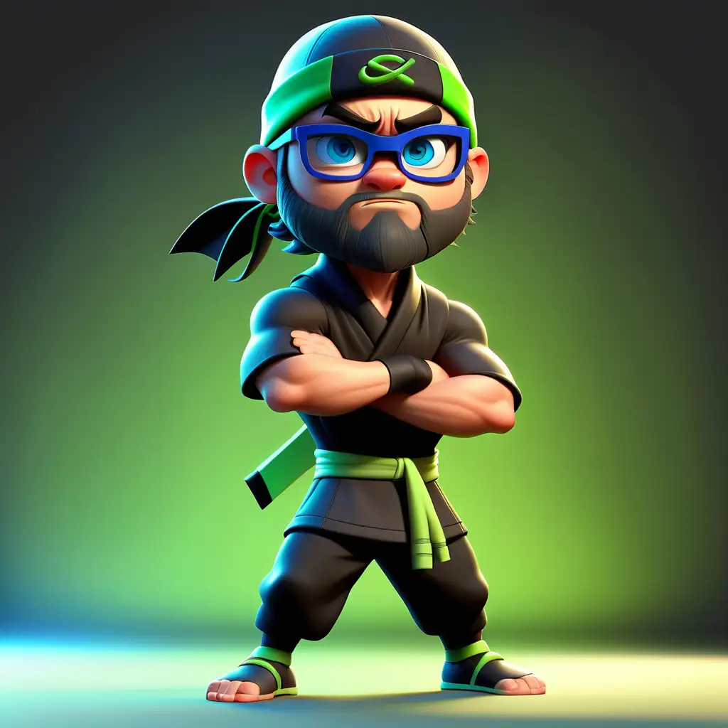 A young male, ninja outfit with baseball hat, beard, blue eyes, glasses, no muscles, heroic pose, full body pose, black with green accessories, pixar character, studio background, big head small body