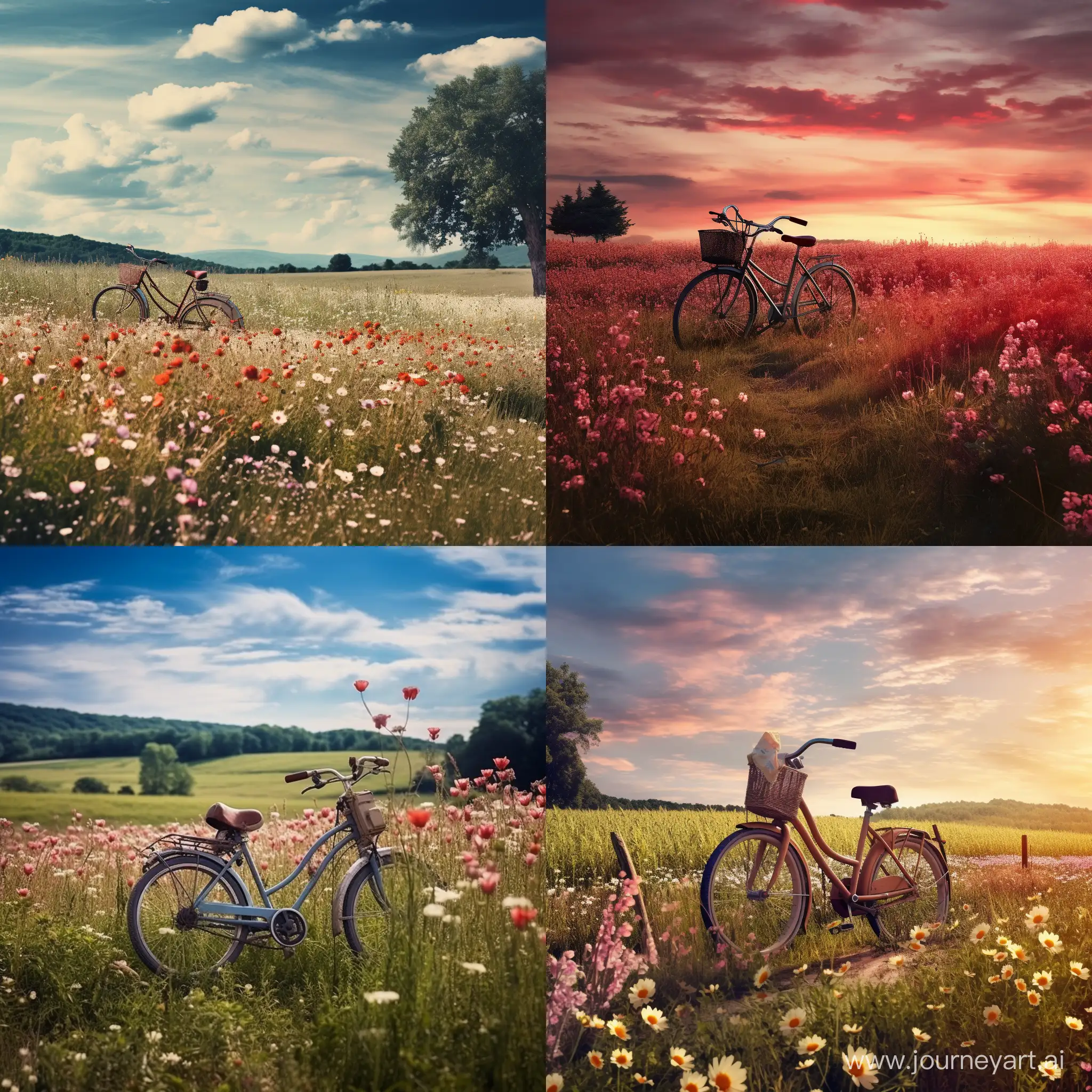 a lone bicycle standing on the edge of a blooming meadow