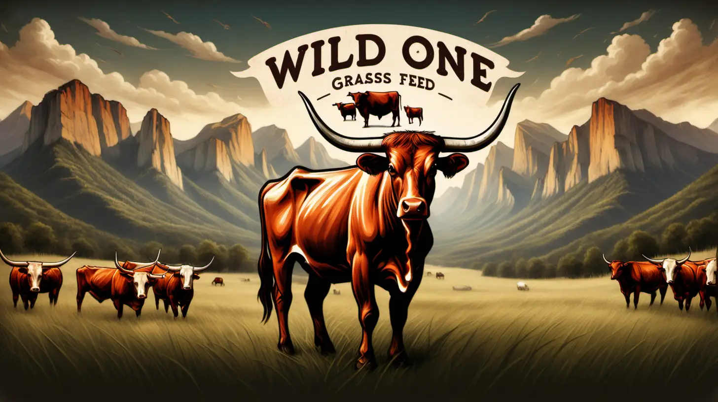 Wild One Grass Fed Tallow Logo with Longhorns and Mountain Silhouette