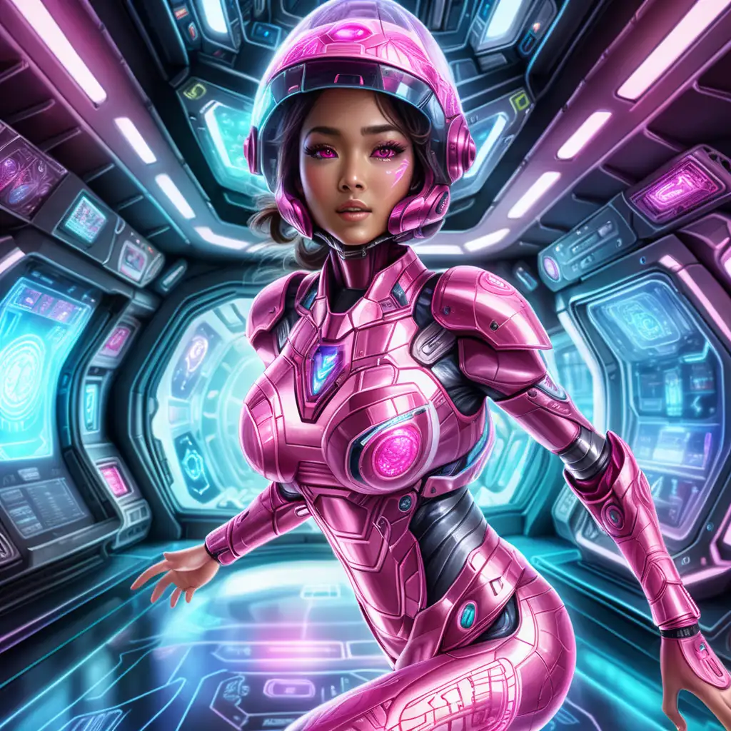 A beautiful slim indonesian princess running, huge breasts, pink eyes looking up, tight transparent glass helmet transforming, glass face with holographic trajectories and calculations, in spaceship laboratory hall, running to cockpit, wearing complex pink batik armour material, futuristic armour transforming, glowing energy, electronic glowing,