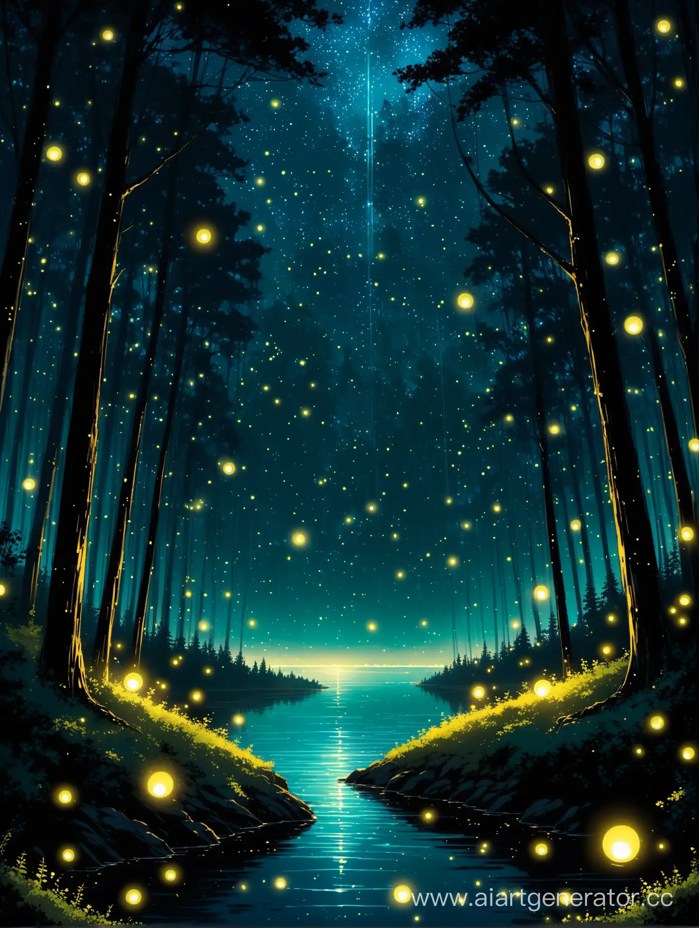 Enchanted-Forest-Night-Scene-with-Glowing-Fireflies-and-Reflective-Lake