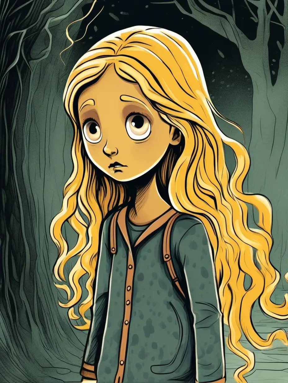 the girl with golden hair is afraid of the shadow, for children, illustration, storybook, color