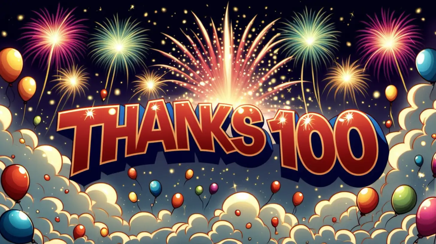 Fantasy Cartoon Celebration Thanks 100 with Glorified Characters and Fireworks