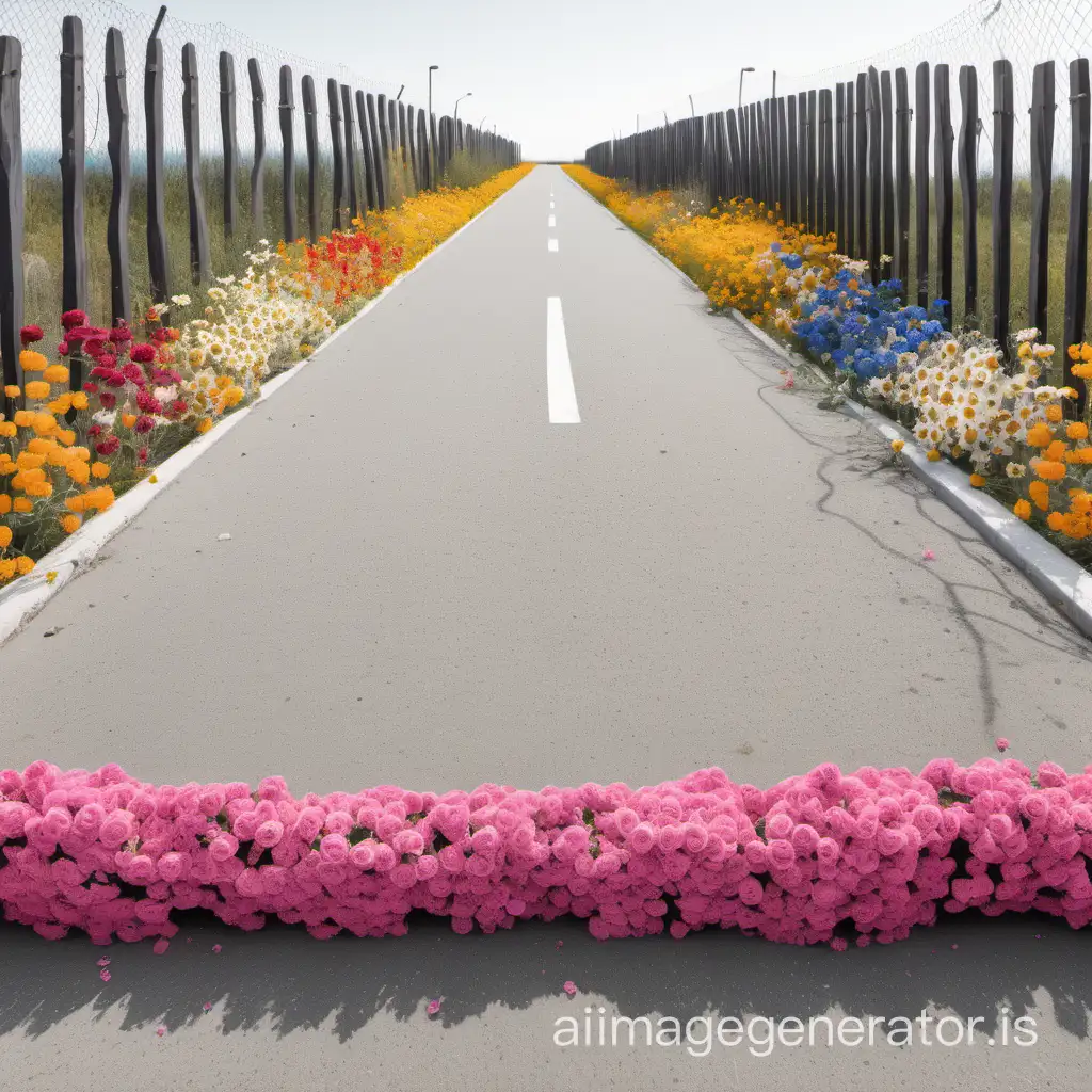 Demolished fences on the asphalt and flowers on it. Minimalism. In the style of Salvador Dali. Sea of ​​flowers on the fence and baton on them.