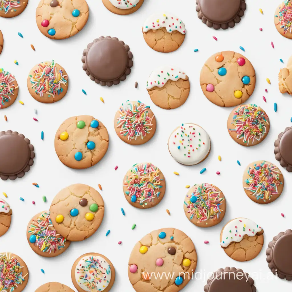 white background, cookies, cakes, sprinkles, funny