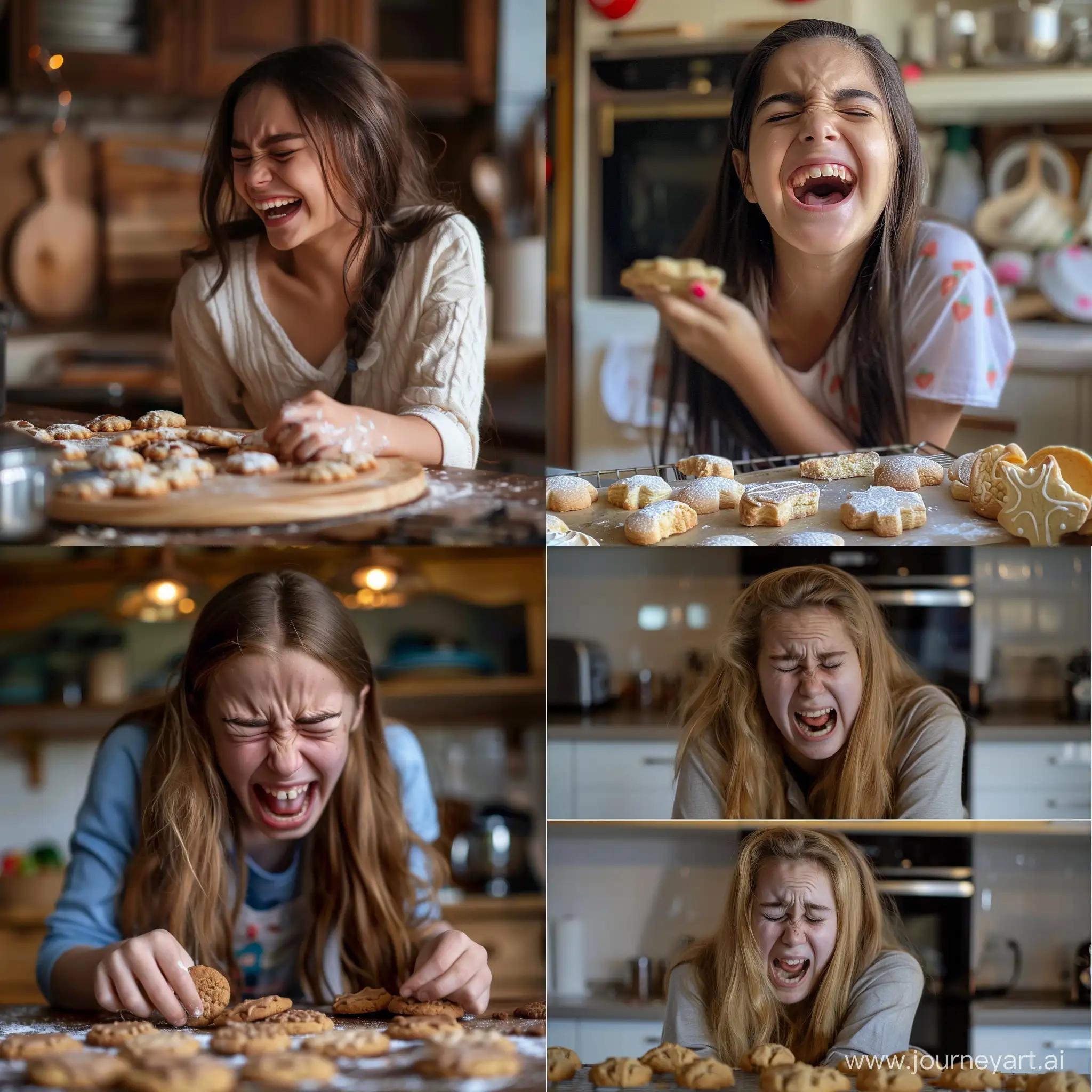 my daughter 15 years doing cookies in the kitchen crying and laughing at the same time