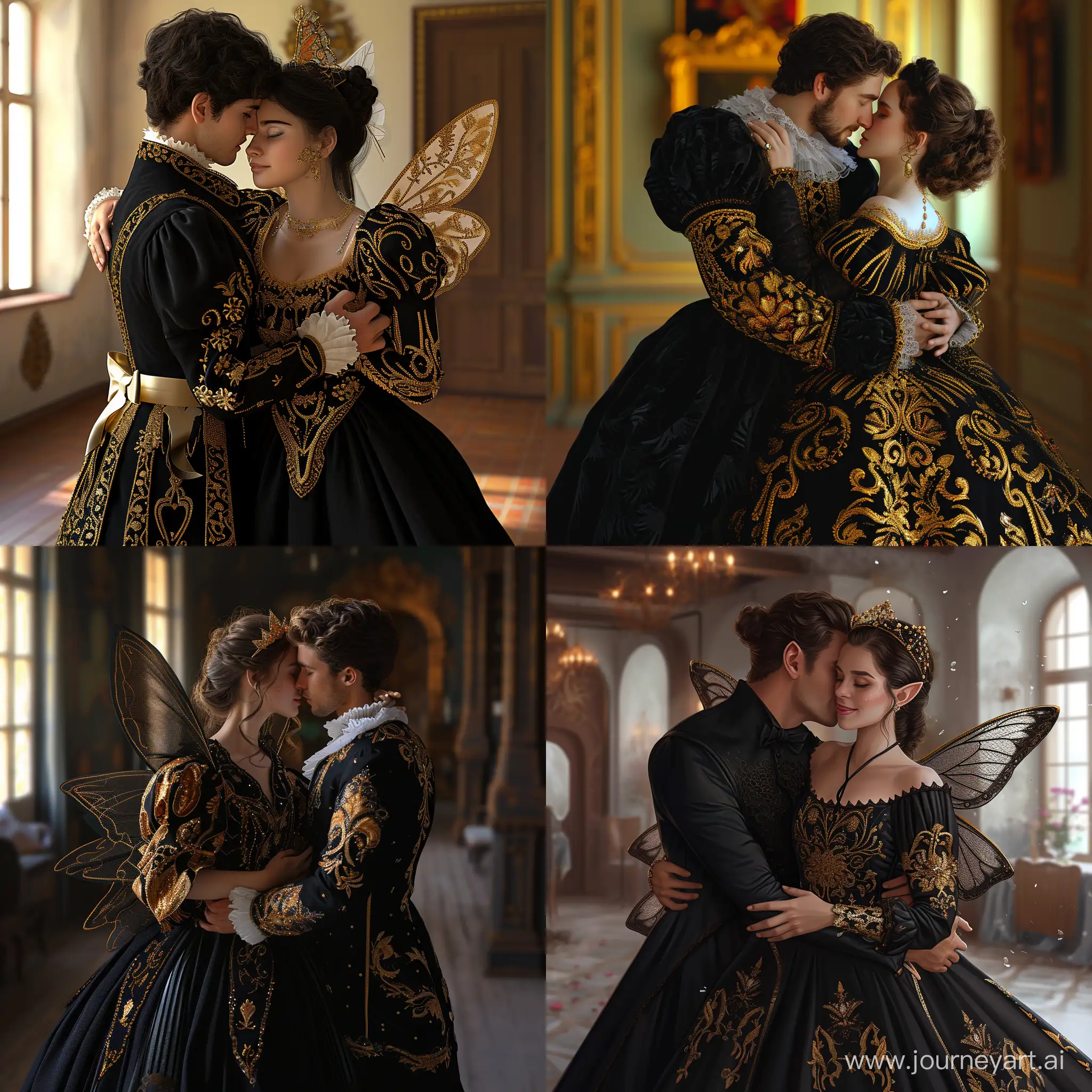 Enchanting-Prince-and-Princess-Embrace-in-Exquisite-Black-and-Gold-Fairy-Attire