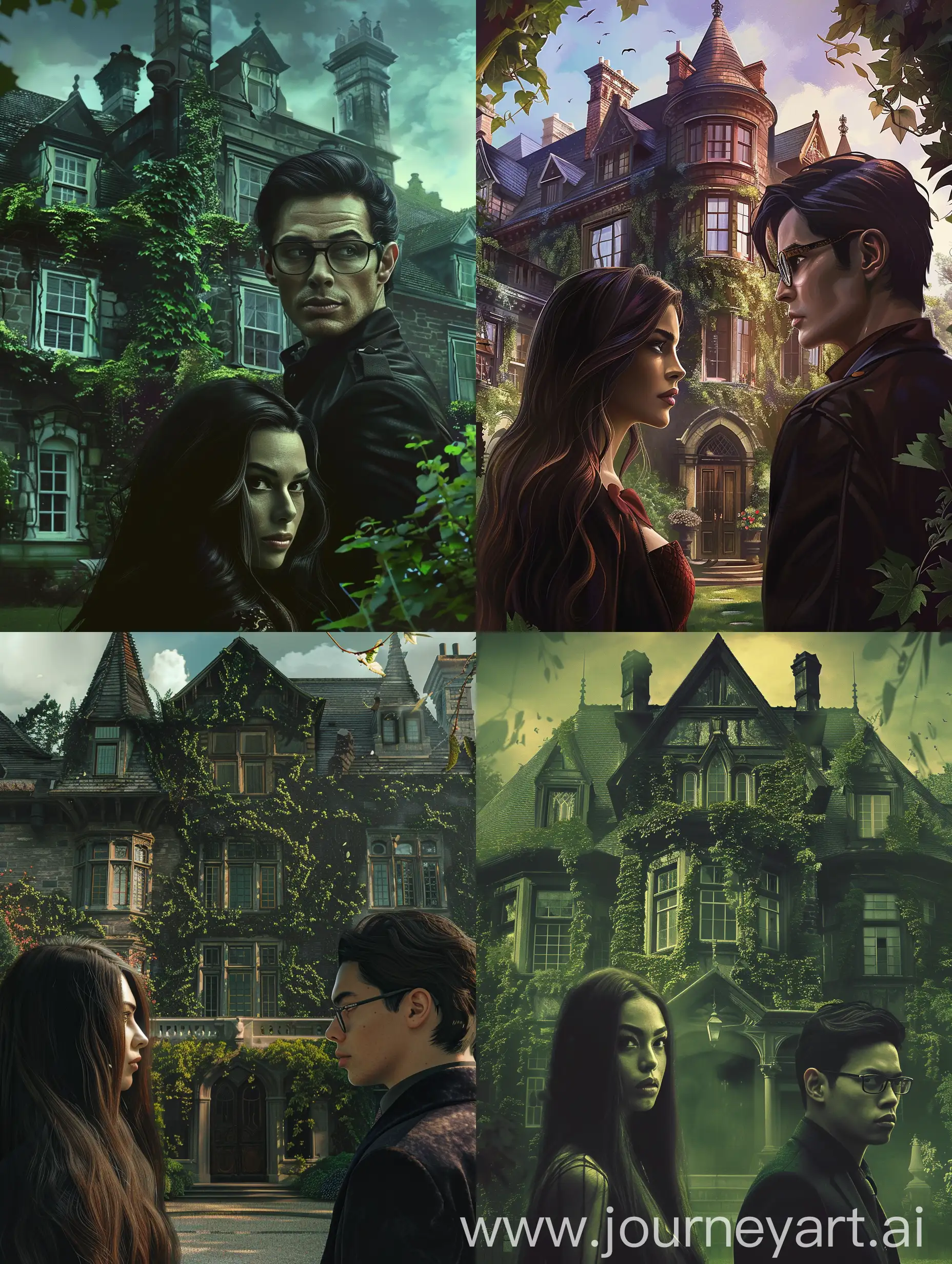 a big manor with ivy covering it, a woman with long dark hair and a handsome sexy black-haired man in glasses are standing in front the manor, mystery, realistic image