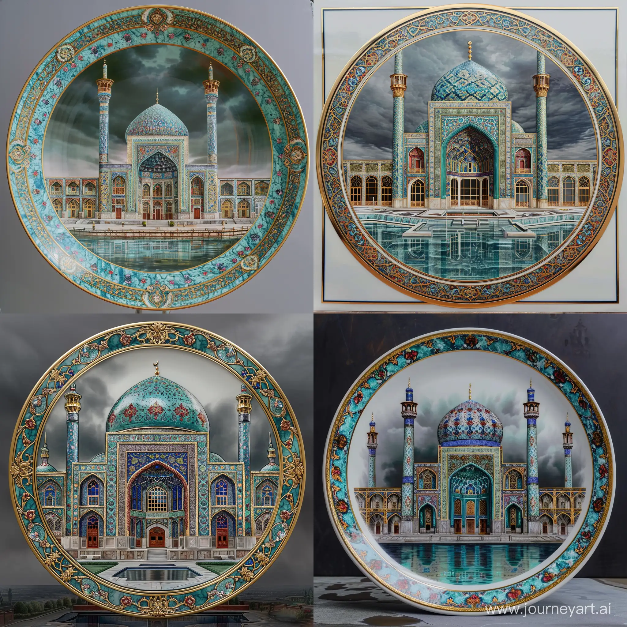Embossed on a round porcelain with arabesque framed border, depicting an Isfahan Emam mosque, tall modern turquoise marbled iwan having finely thin blue red green floral persian tile motifs, glass windows, enormous shiny gold metals linings on edges and outlines of mosque, thick metallic gold on edges of mosques, gold framed panels, thin decorative minaret spires, front view, full view, beyond a water pool, dark grey sky weather,  --v 6