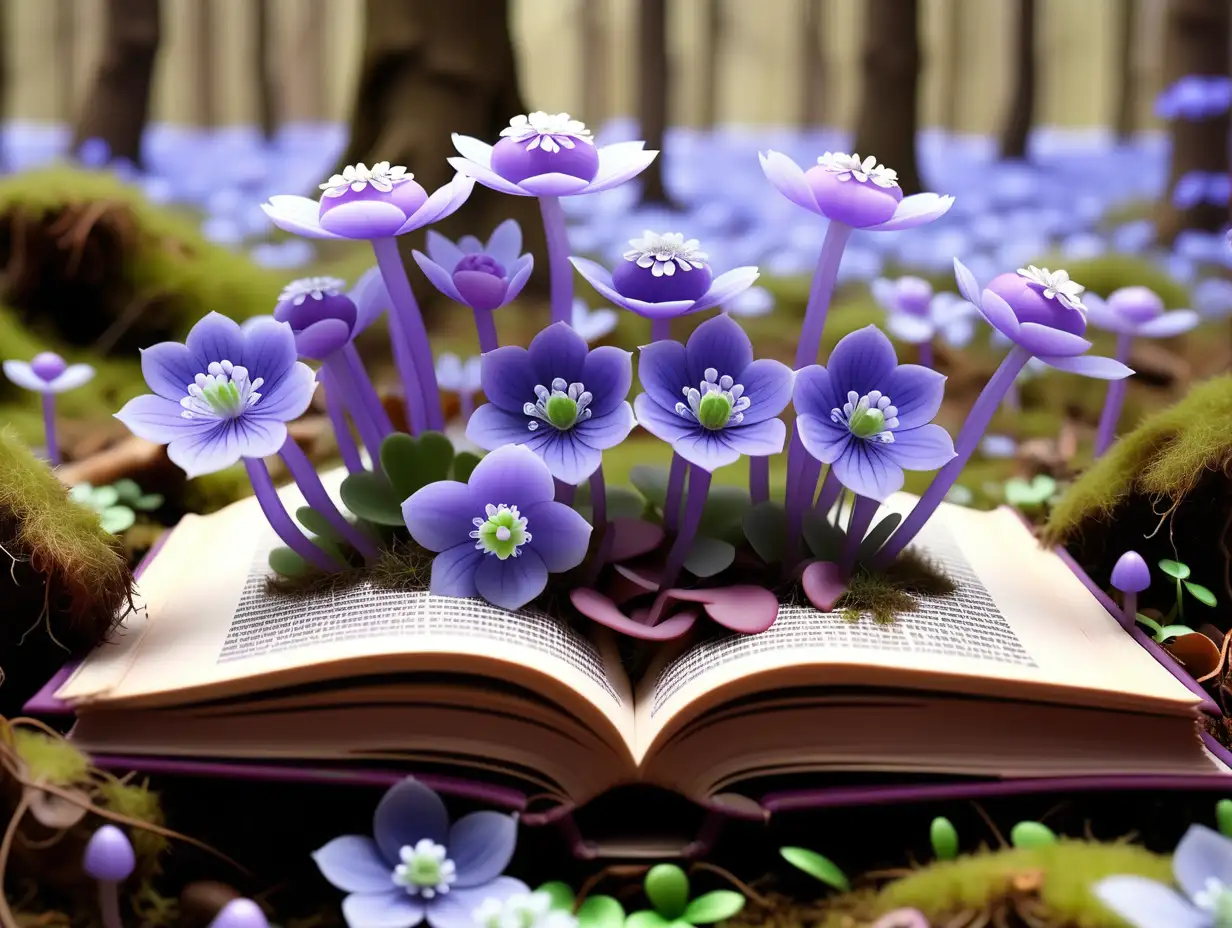 Enchanting Open Book Amidst Hepatica Flowers in a Spring Forest