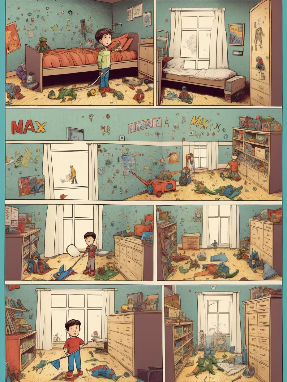 https://r2.erweima.ai/stablediffusion/6826964c7e8947118857daa6b13e112b_ComfyUI_127146_.png
1 изображение: Мальчик Макс в своей комнате, на полу разбросанные вещи, на стенах висят плакаты с супергероями и драконами.
2 изображения: Макс стоит посреди комнаты, где разбросаны игрушки, а мама сидит на кровати.
3 изображения: Макс начинает убирать свою комнату.
4 изображения: Макс играет в чистой комнате. Все вещи на своих местах, иллюстрация сборника рассказов