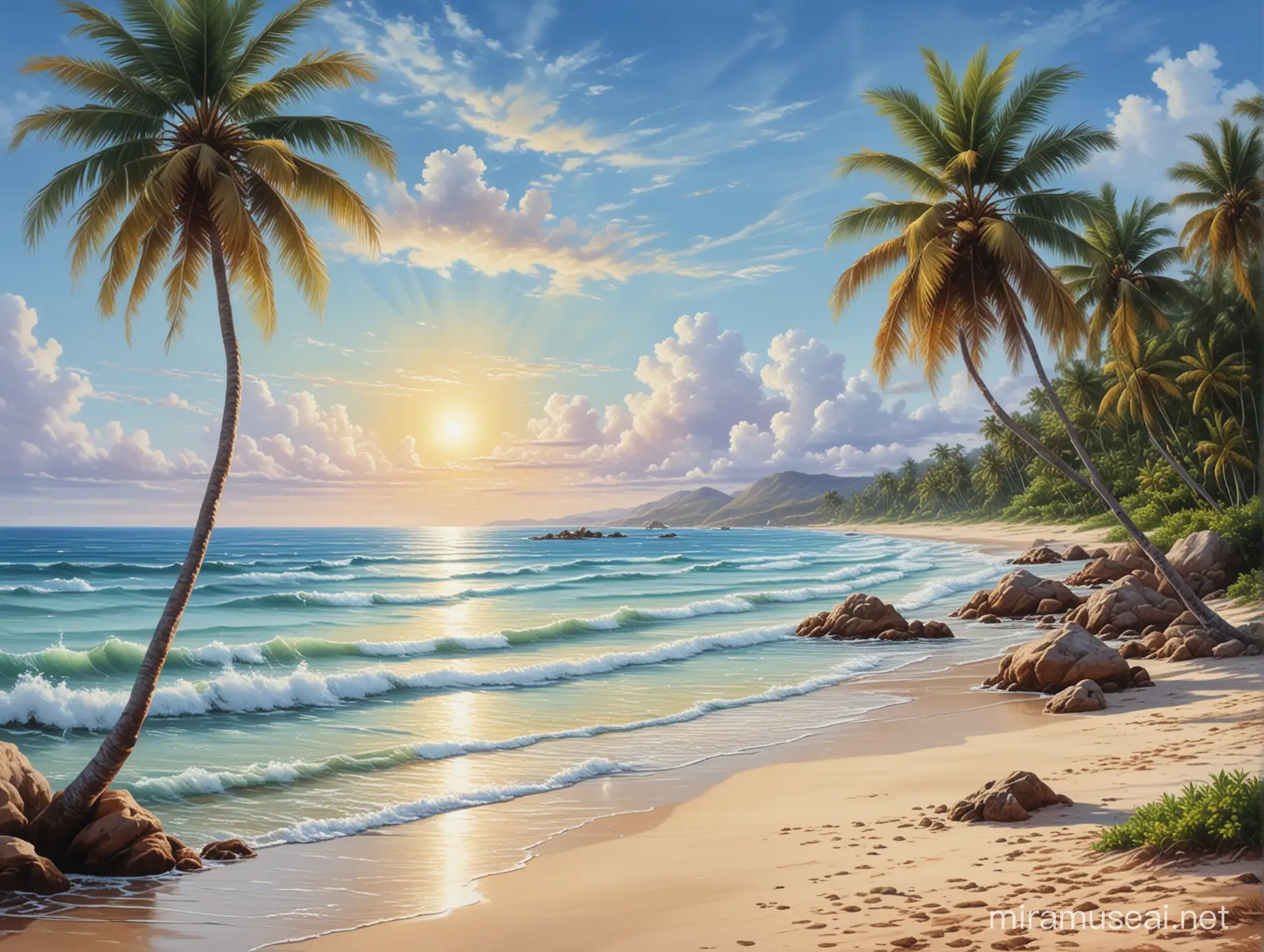 Великолепный пейзаж, морское побережье, спокойное море, песчаный пляж,лагуна,редкие, кокосовые пальмы, голубое небо, 
 профессиональный, реалистичный, красочный рисунок, картина маслом, живопись, шедевр.