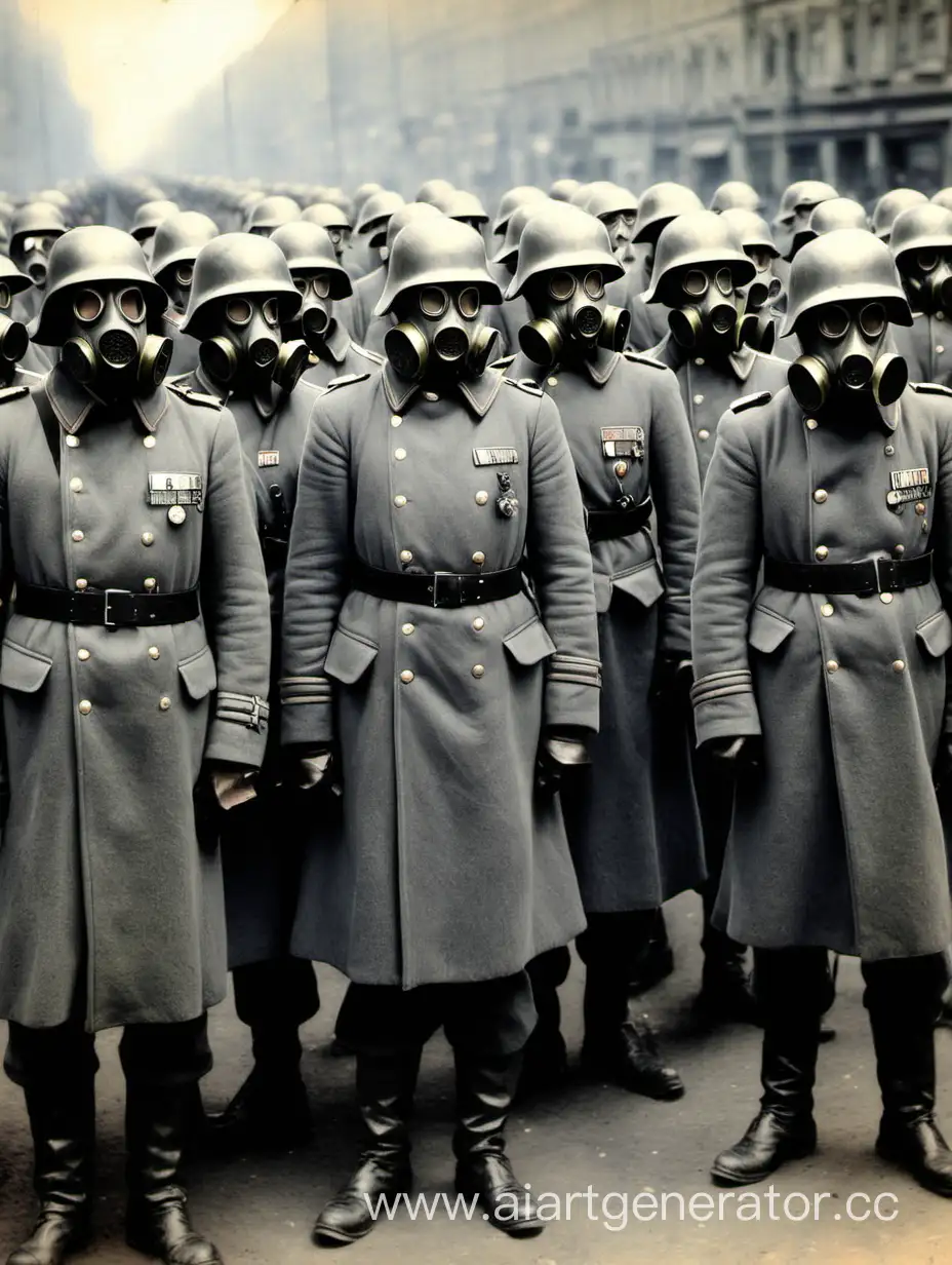 Солдаты немецкой империи, в серых шинелях, касках и противогазах.