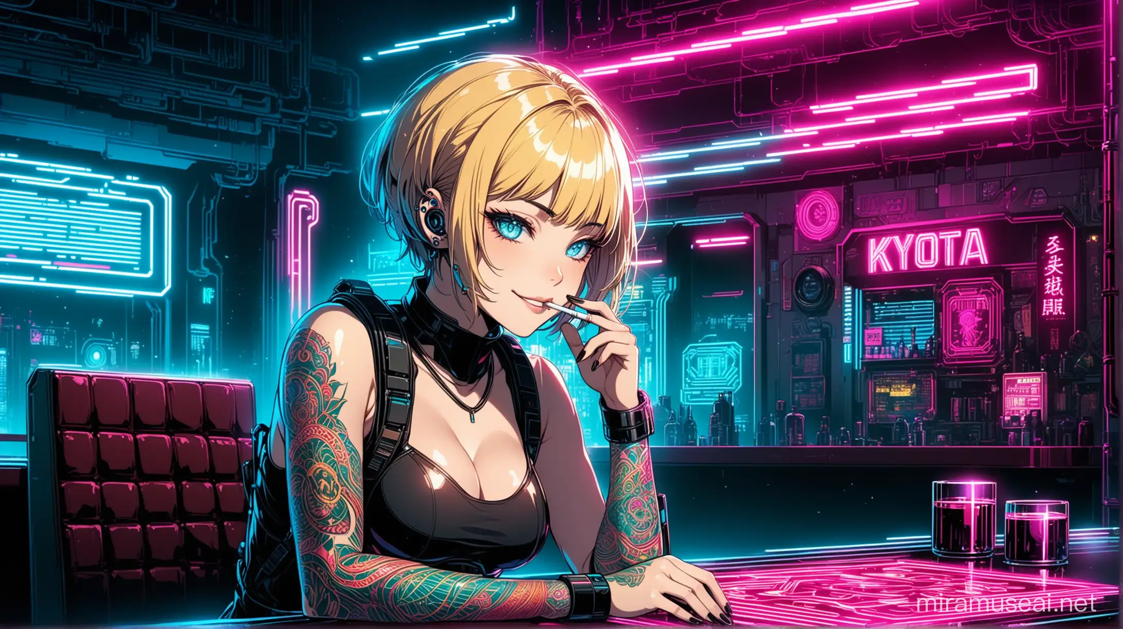Kyoto animation stylized anime mixed with futuristic cyberpunk artworks ~female wearing gas mask, blonde hair, pixie cut, cool outfit, smoking a cigarette inside a futuristic bar, red and blue neon lights, different color, tattoos, face piercings, eyebrow piercing, weapon on the table, smirk, modern cyberpunk fantasy world, different colored neon signs. Cinematic Lighting, dark lighting, ethereal light, intricate details, extremely detailed, complex details, insanely detailed and intricate, hypermaximalist, extremely detailed with rich colors. masterpiece, best quality, aerial view, HDR, UHD, unreal engine. Smooth skin, smug face, different colored eyes, left eye winking, cards on the table, cool aura, ((acrylic illustration by artgerm, by kawacy, by John Singer Sargenti) dark fantasy background, blade runner, akira, fair skin, rich in details, high quality, gorgeous, dystopian, neon signs, final fantasy style, gorgeous, glamorous, 8k, super detail, gorgeous light and shadow, detailed decoration, detailed lines,  cinematic, cool pose,
