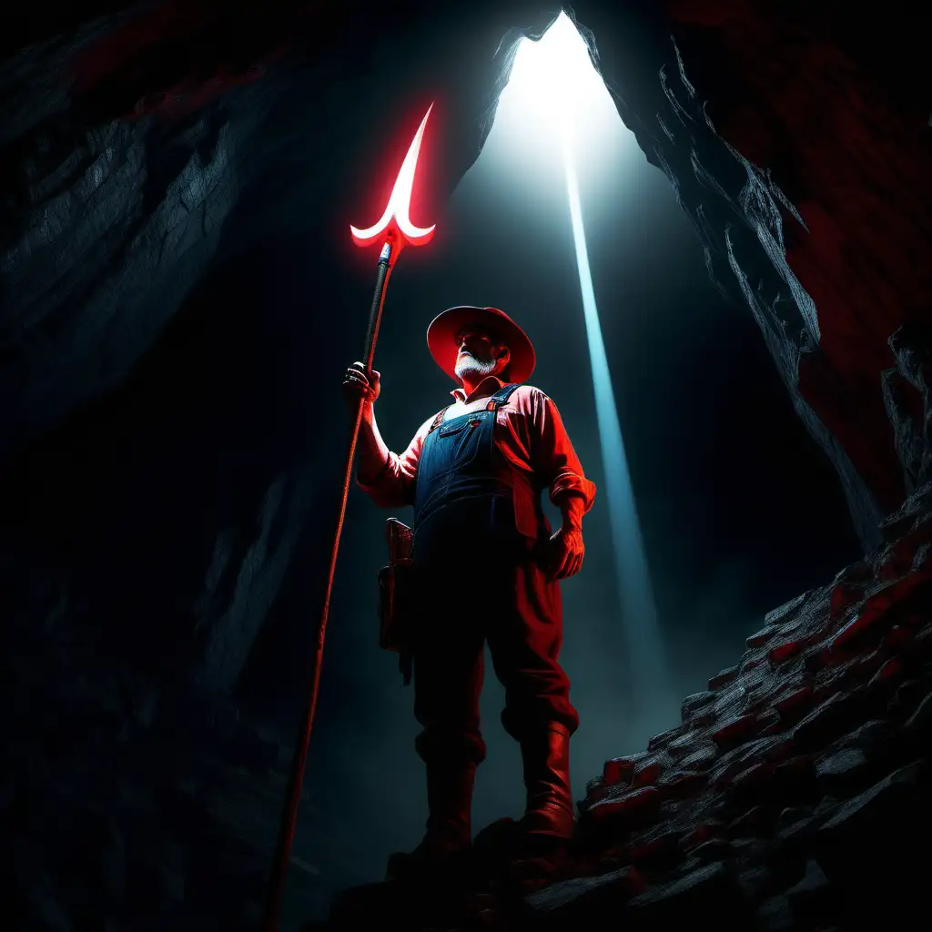 Very low angle looking up at a large farmer looking over a cliff  wearing a hat wielding a glowing red glaive  in a dark underground