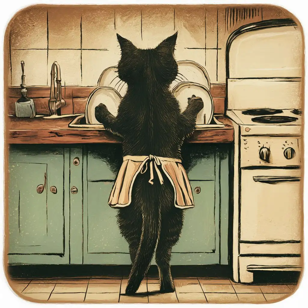 рисунок,кот стоит на задних лапах спиной, моет посуду на кухне, стилизация