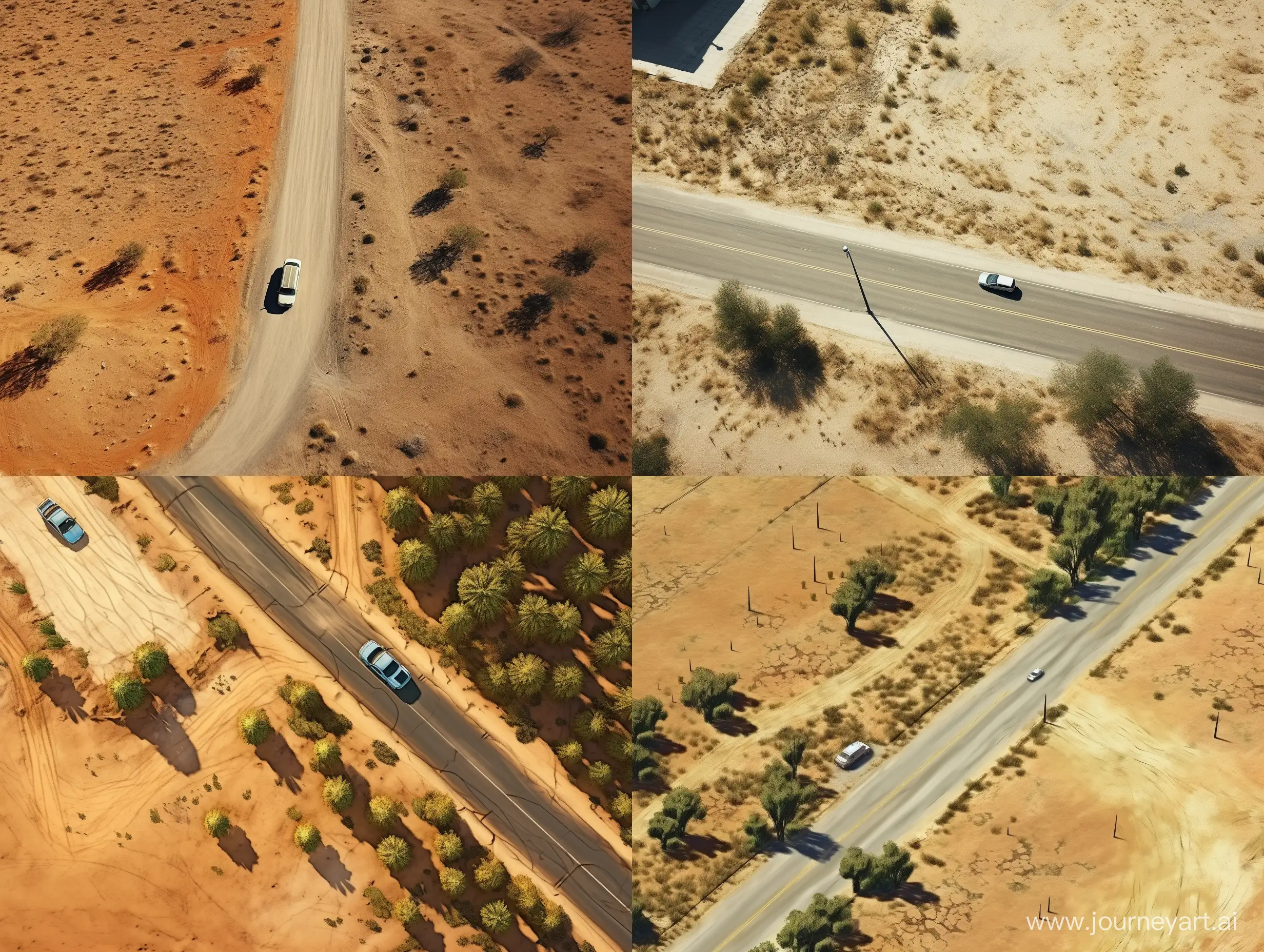 desert, bird eye view,  diagonal asphalt road, cars, daytime, sunlight, bushes, sand
