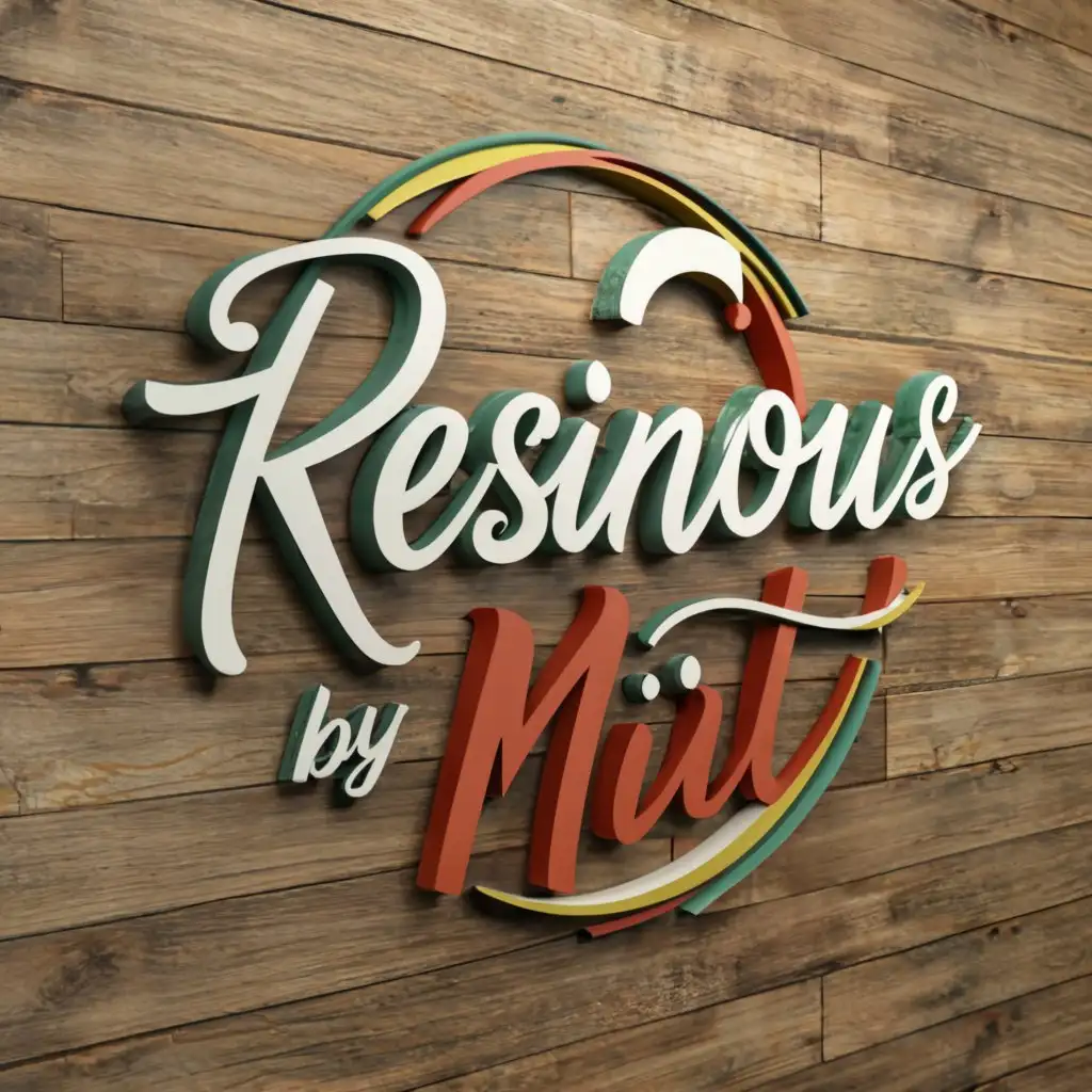 a logo design,with the text "Resinous Art by Mide", main symbol:"""
Design a captivating wall 3D mockup logo for an artistic brand, "Resinous Art by Mide," integrating wood texture elements that subtly complement the brand's unique resin art style.
Use a vibrant color scheme, featuring hues of aquamarine, fuchsia, and gold to symbolize the bold resin colors used in the artwork.
Incorporate the brand name with "Resinous Art" in a striking, bold typeface and "by Mide" in an elegant, flowing script.
Include a creative element, such as an abstract resin swirl or a paintbrush, to represent the artistic process.
Integrate wood texture by subtly incorporating shapes like logs, bark patterns, or wood knots into the design. This should add an organic and natural touch without overwhelming the overall logo.
Utilize 3D effects and shadows to give the logo depth and make it visually appealing when displayed on walls with different textures and colors.
Ensure the design is adaptable and scalable, suitable for various marketing materials like social media graphics, website banners, and promotional items.
Create high-resolution PNG and vector files for the logo to maintain its quality when displayed on different platforms and printed materials.
""",complex,clear background