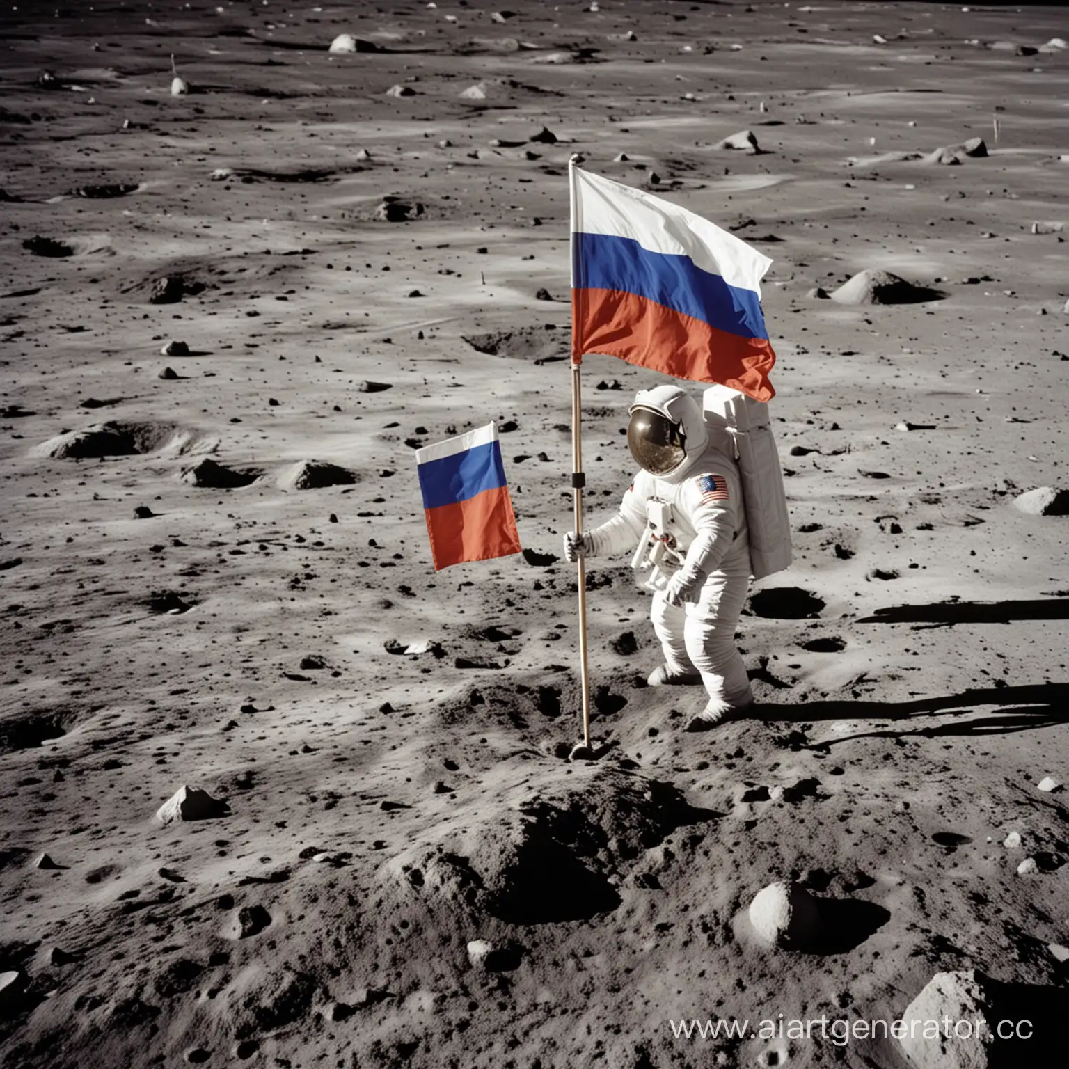 фотография астронавта, который ставит на Луну 
флаг с российским флагом на белом фоне
