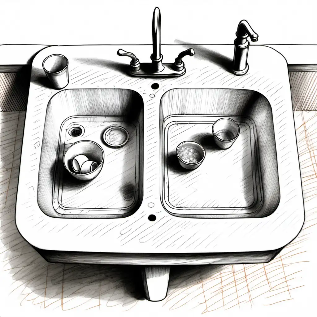 A hand sketch of a sink with unwashed plates and cups inside the sink. 
Background: FFFFFF
