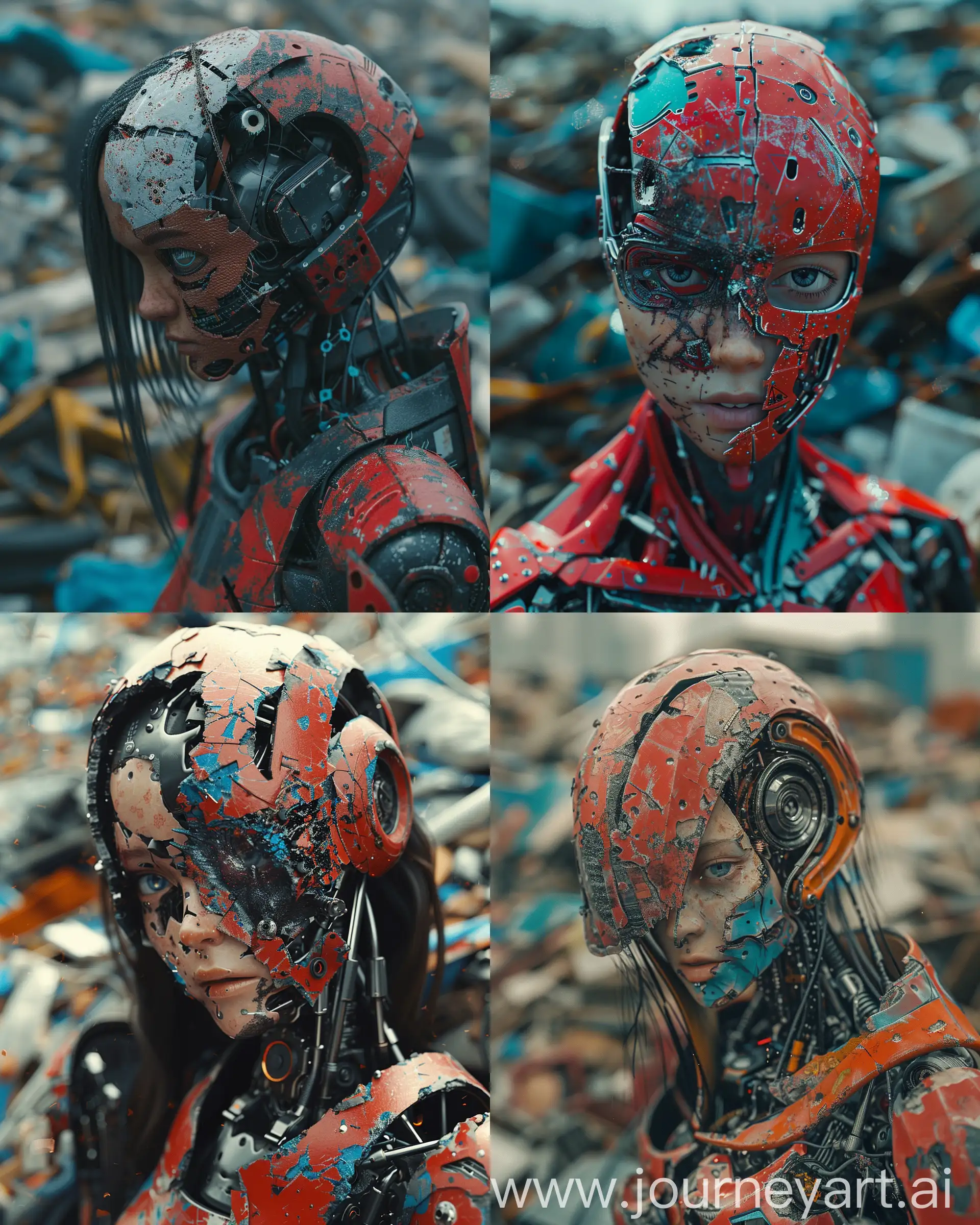 Photo of a broken ruined cyborg girl in a landfill, robot, body is broken with scares and holes, half the face is android, creating a hyperpunk scene with desaturated dark red and blue details, vibrant colors --ar 4:5 --s 250 --v 6.0