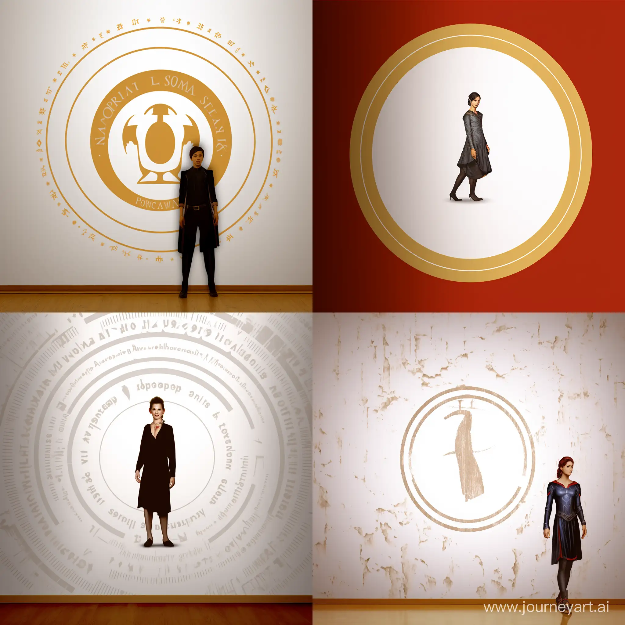 Ultra-high detailed poster of a person standing in front of a wall, a different pose, a close-shot, half body, a person has a decorated dress and serious posture, the background is a cracked and textured white wall, there is a golden circle symbol drawn on the wall, stylish brushwork, Masterpiece, 8k resolution, balance composition, realistic colors, luminous, perfect anatomy, perfect paint of the face, ultra resolution, 8k resolution masterpiece.