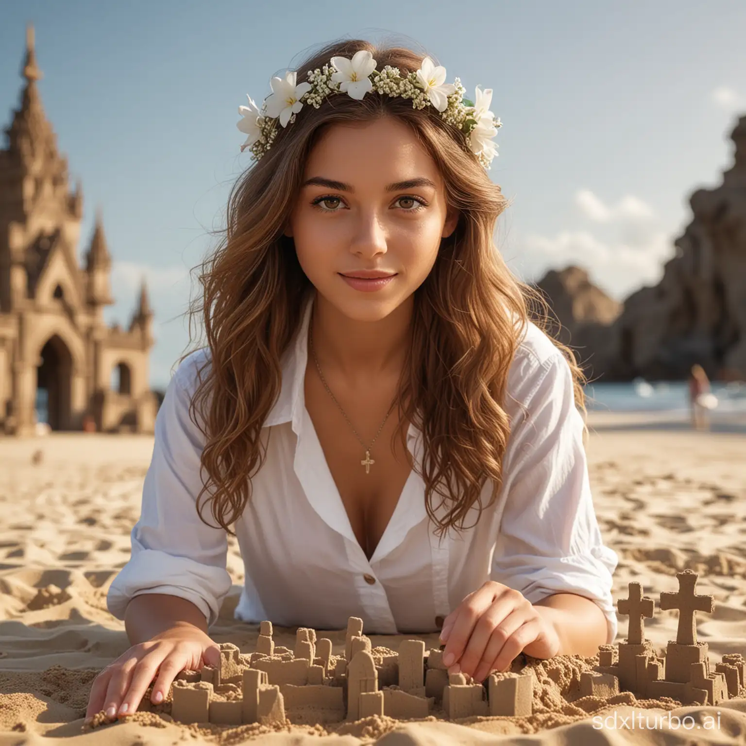Photo realistic, a young beauty girl, long curl hair, wearing a cross necklace, wearing white casual shirt, a  beautiful flower on her head, making sand castle on the beautiful beach, his hands working to build the sand castle, Sanur beach  bali indonesia with equipment build sand castle background, hyperrealistic, best quality, 8K, work of masters, super-fine, correct anatomy, sharp focus on eye, bokeh, facial features, are carefully depicted
