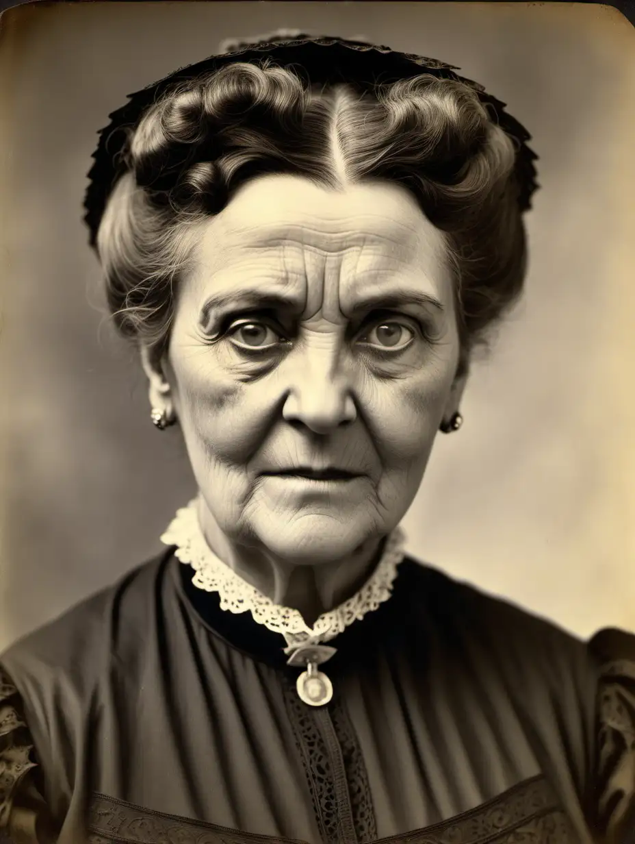 A head and shoulders vintage portrait from around 1900 portraying a severe, serious woman in her 50s, dressed in black, in Funchal, the island of Madeira, the authoritative voice of the family, as well as a sort of symbol or living model of rectitude and virtues, it is said that, at times, she exerted too much influence, even over her husband