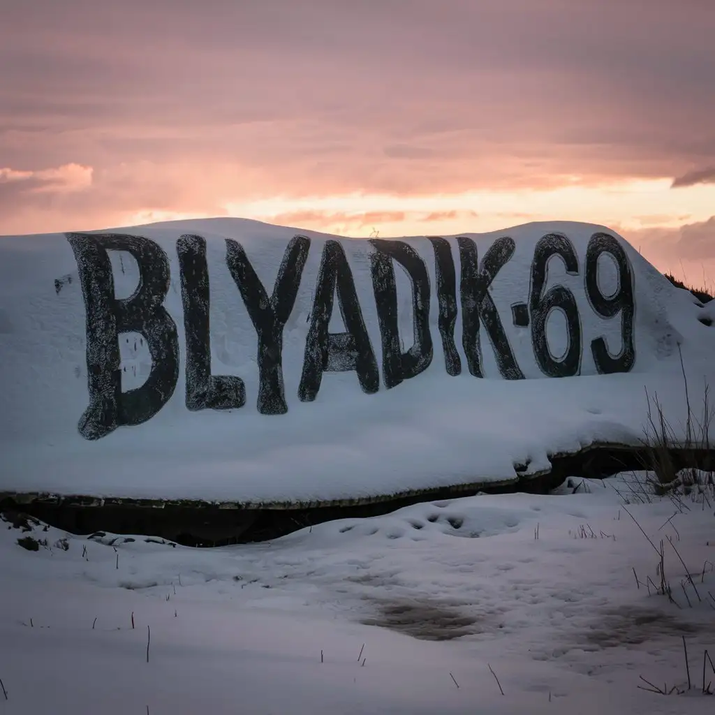 Надпись Blyadik69 на фоне растаявшего снега ,вовремя заката