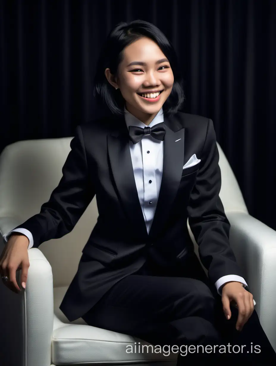 A smiling and laughing Vietnamese woman with shoulder length hair is wearing a tuxedo.  She is sitting in a plush chair in a darkened room.  Her jacket is black.  Her jacket is open.  Her pants are black.  Her bowtie is black.  Her shirt is white with black cufflinks.