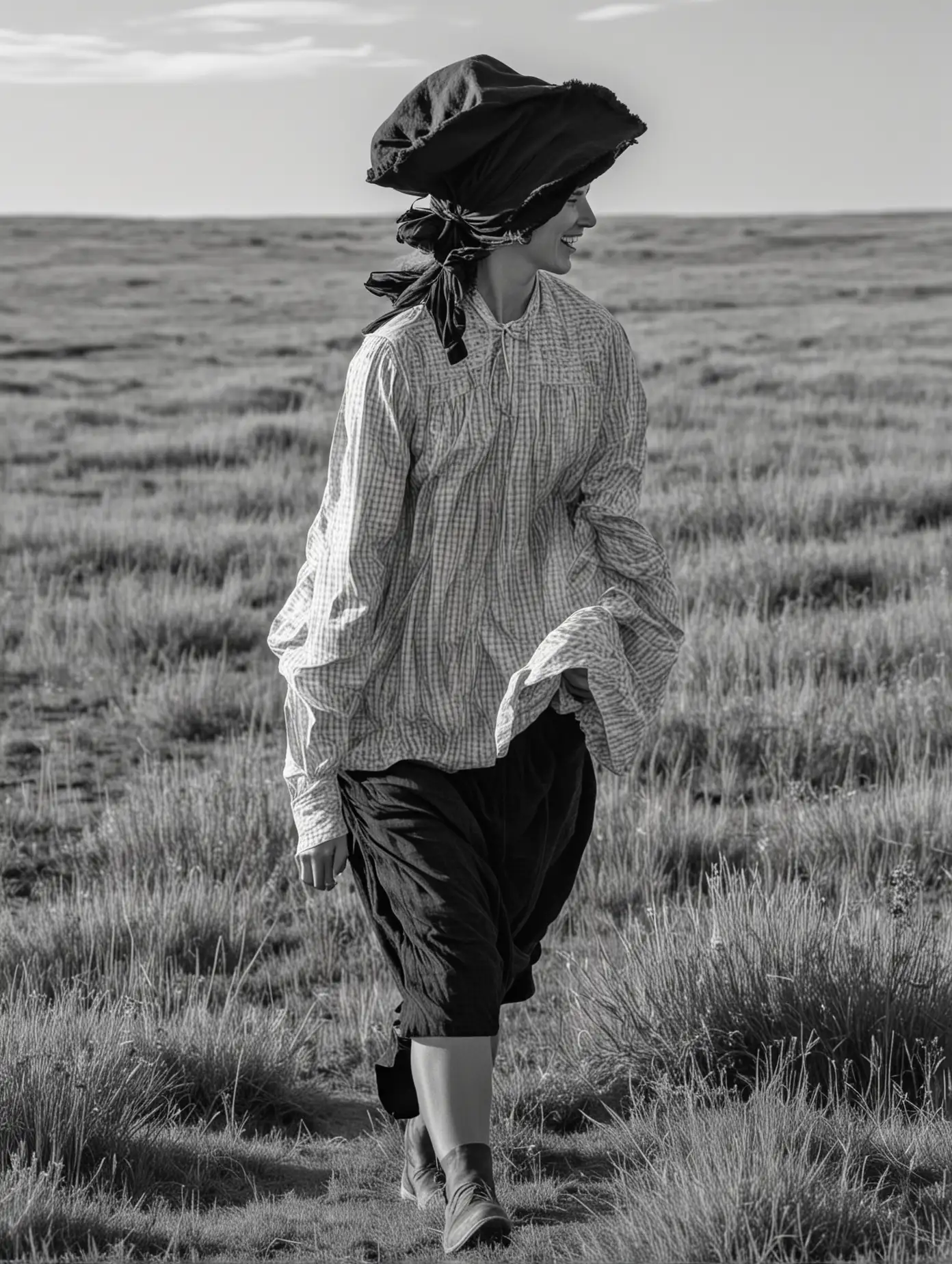 A woman runs through the prairie, she is a pioneer and wears a bonnet, there are buffalo in the background she is seen from the side, in black and white. 
