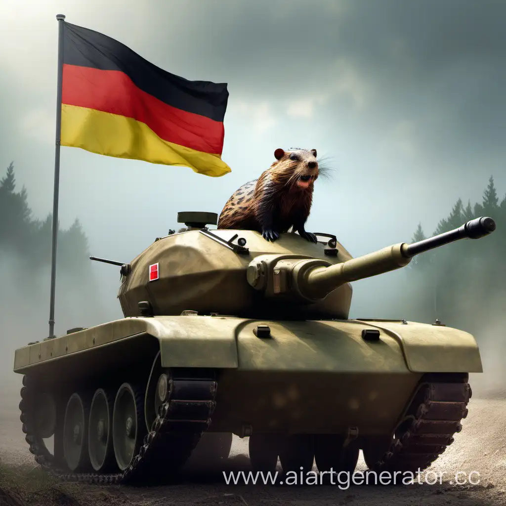 beaver rides on a leopard tank under the German flag