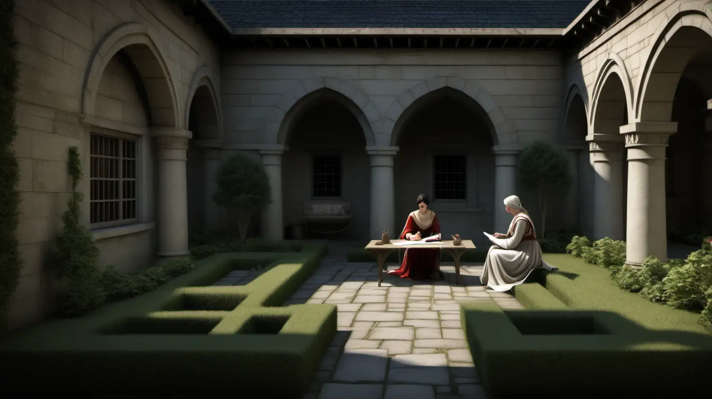 peaceful inner courtyard of commanders quarters , include the commander’s wife sat in the garden writing a letter, second century a.d. northern Britain, realistic