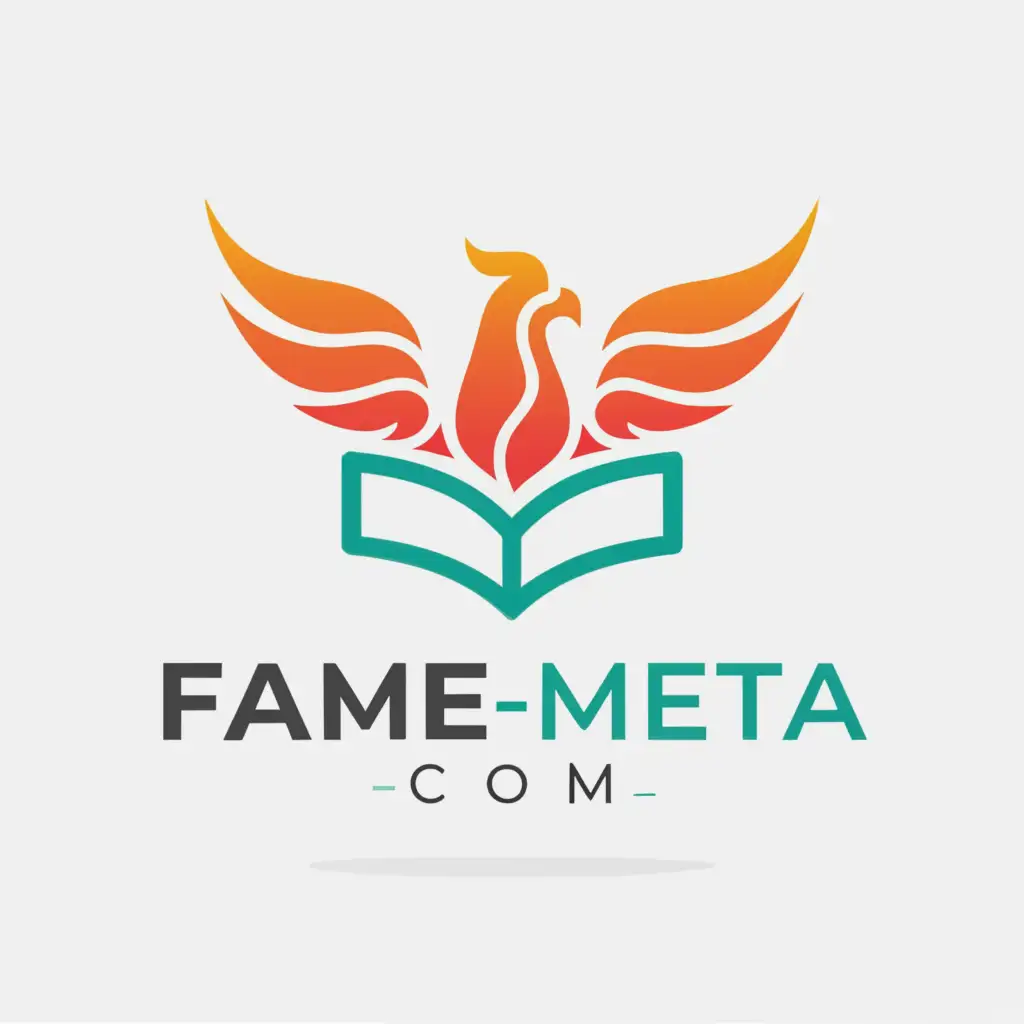 a logo design,with the text "fame-meta.com", main symbol:phoenix, open book, teal color for open book and orange color for phoenix. on white background,Minimalistic,clear background