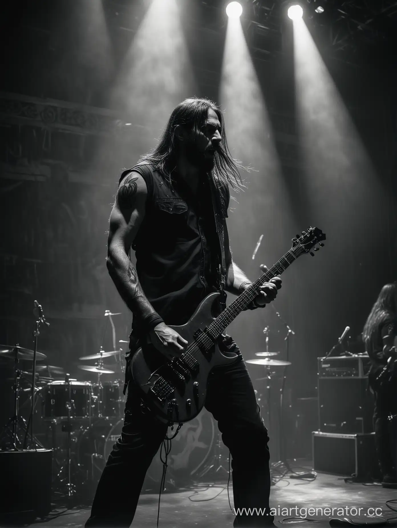 A on stage hyperrealistic photo of the greek metal band Rotting Christ playing a concert on stage. Dark atmosphere, dimmed lights
